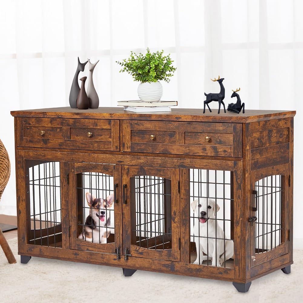 2 Rooms Dog Crate Furniture with Openable Partition,58 Wooden Dog Crate Table with 2 Drawers,5-Doors Dog Furniture,Indoor Dog Ke
