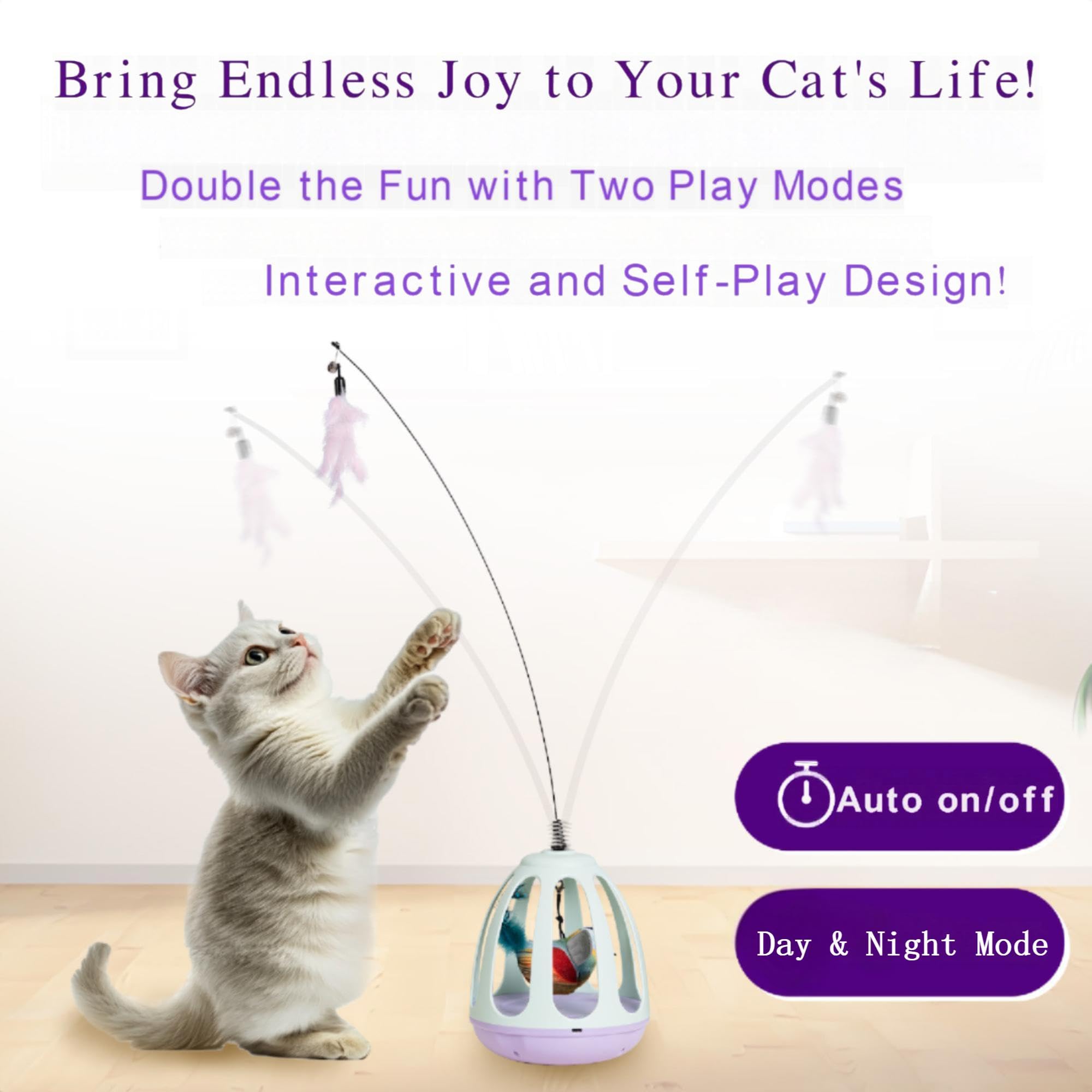 Interactive Automatic Cat Wand Toy - Kitten Feather Toys For Bored Indoor Cats With Simulated Chirping Bird In Cage, Upgraded Pe