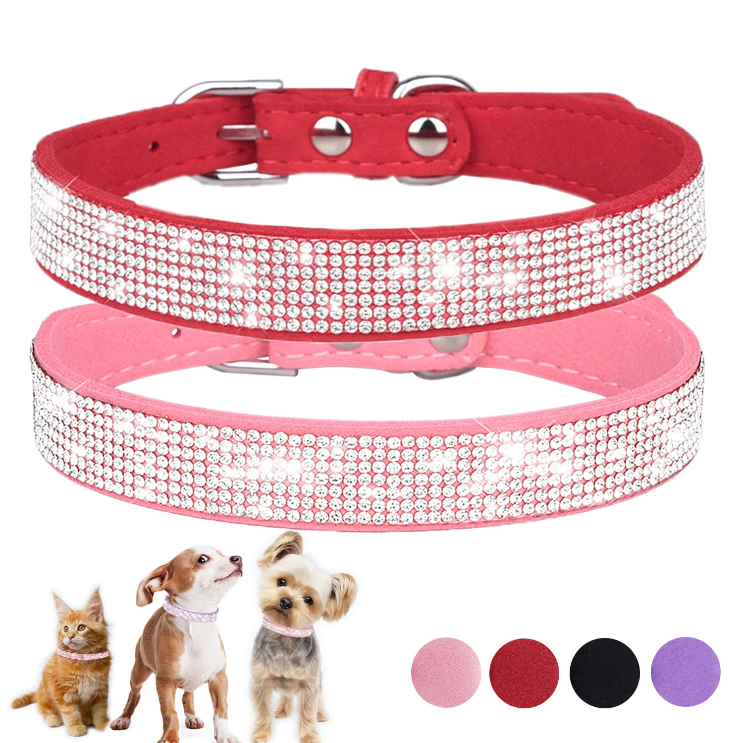 Female Dog Collar Xs, 2-Pack Pink+Red Bling Diamond Cat Collar Soft Suede Glitter Rhinestone Jewelry Crystal Puppy Collar With B