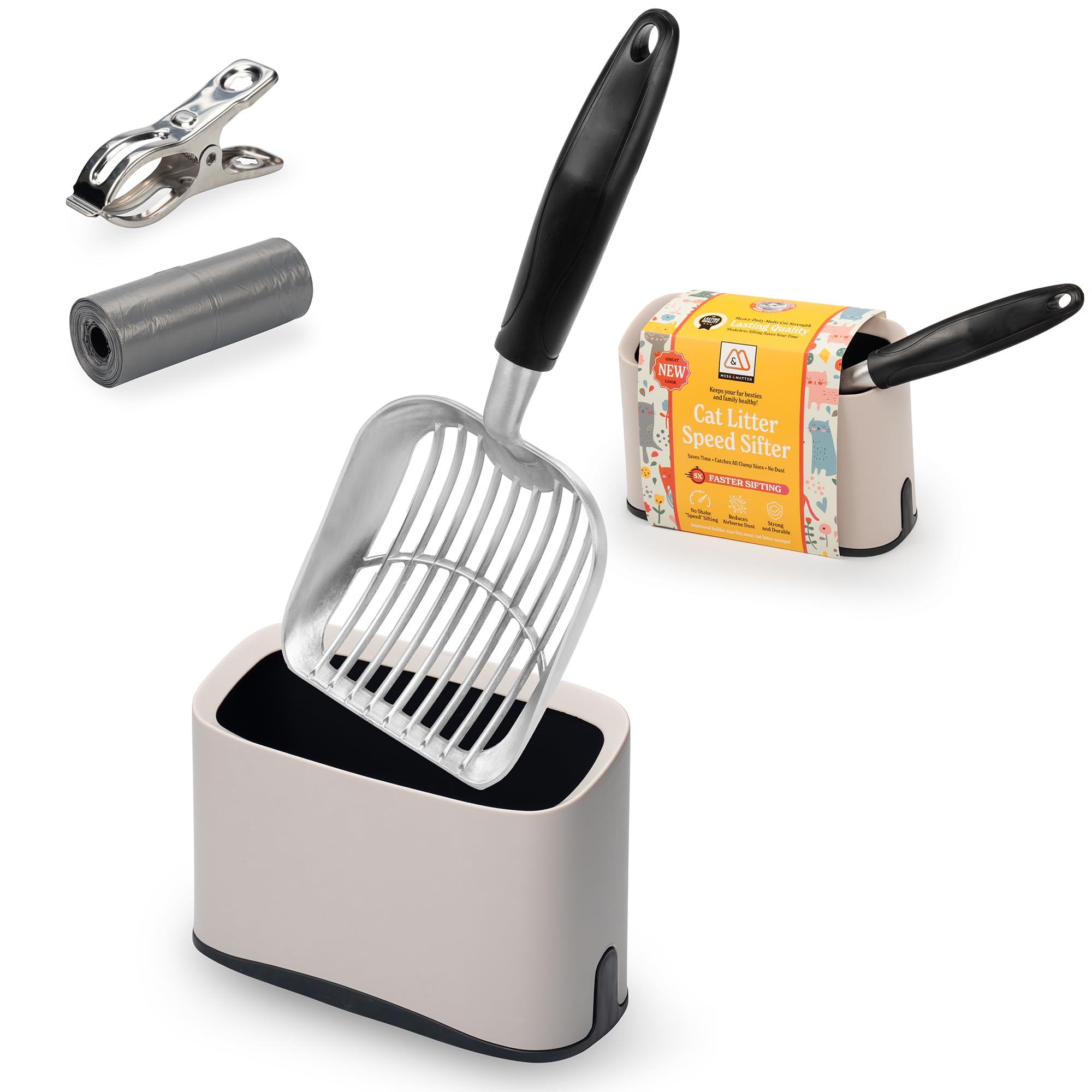 Heavy Duty Full Metal Cat Litter Scoop With Holder - Speed Sifter Litter Box Scooper Captures All Clumps - Kitty Litter Sifting 