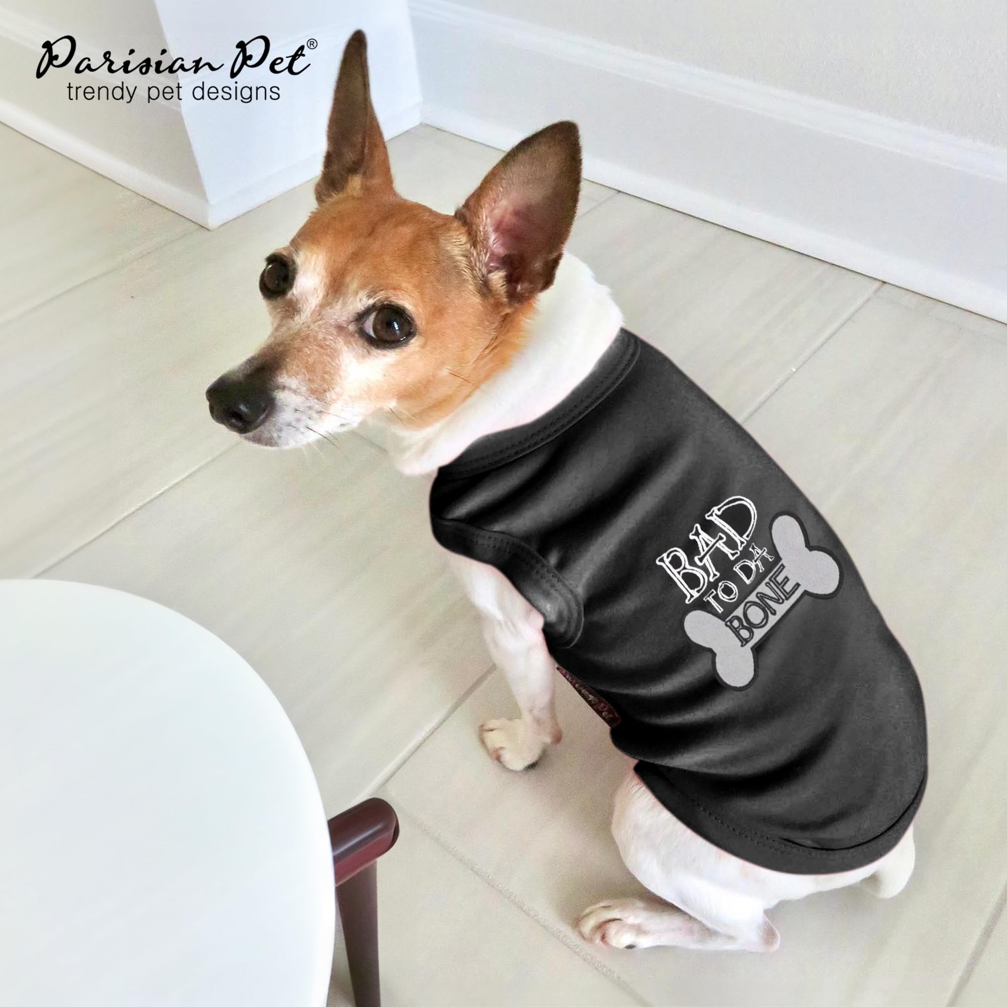 Parisian Pet Dog T-Shirt - Embroidered Bad to Da Bone Dog Clothes - 100% Cotton, Sleeveless Pet Vest - Machine Washable Shirt fo