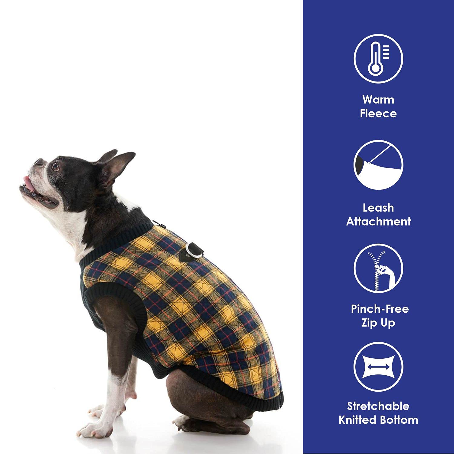 Gooby Fashion Vest Check Dog Jacket - Yellow Check, Large - Warm Zip Up Bomber Vest Dual D Ring Leash - Winter Water Resistant S