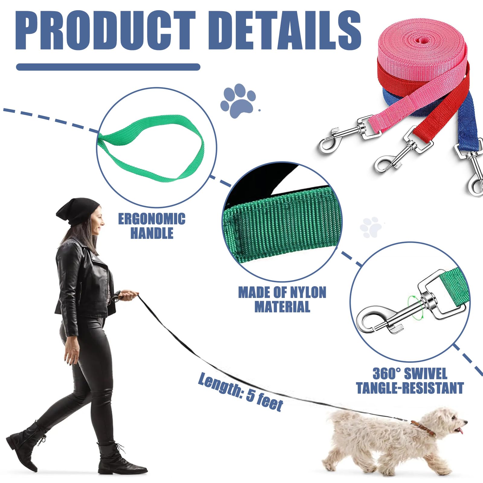 Tanemudo 30 Pack Nylon Dog Training Leash Bulk 5 Ft Puppy Traction Rope For Small And Medium Dogs, Play, Camping, Or Backyard, 1