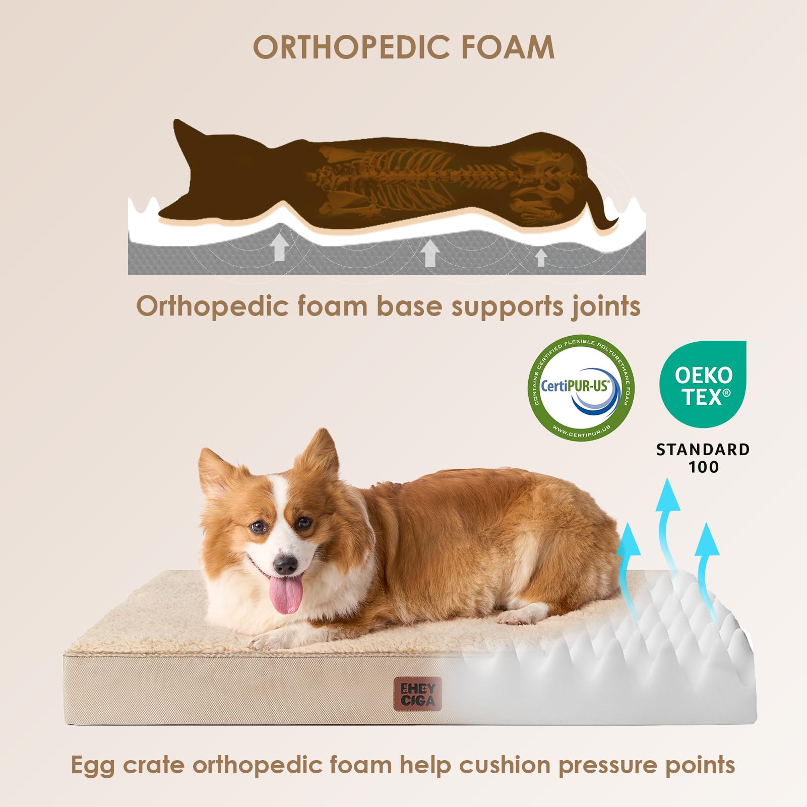 Eheyciga Orthopedic Dog Beds For Large Dogs With Removable Washable Cover, Khaki, 36X27