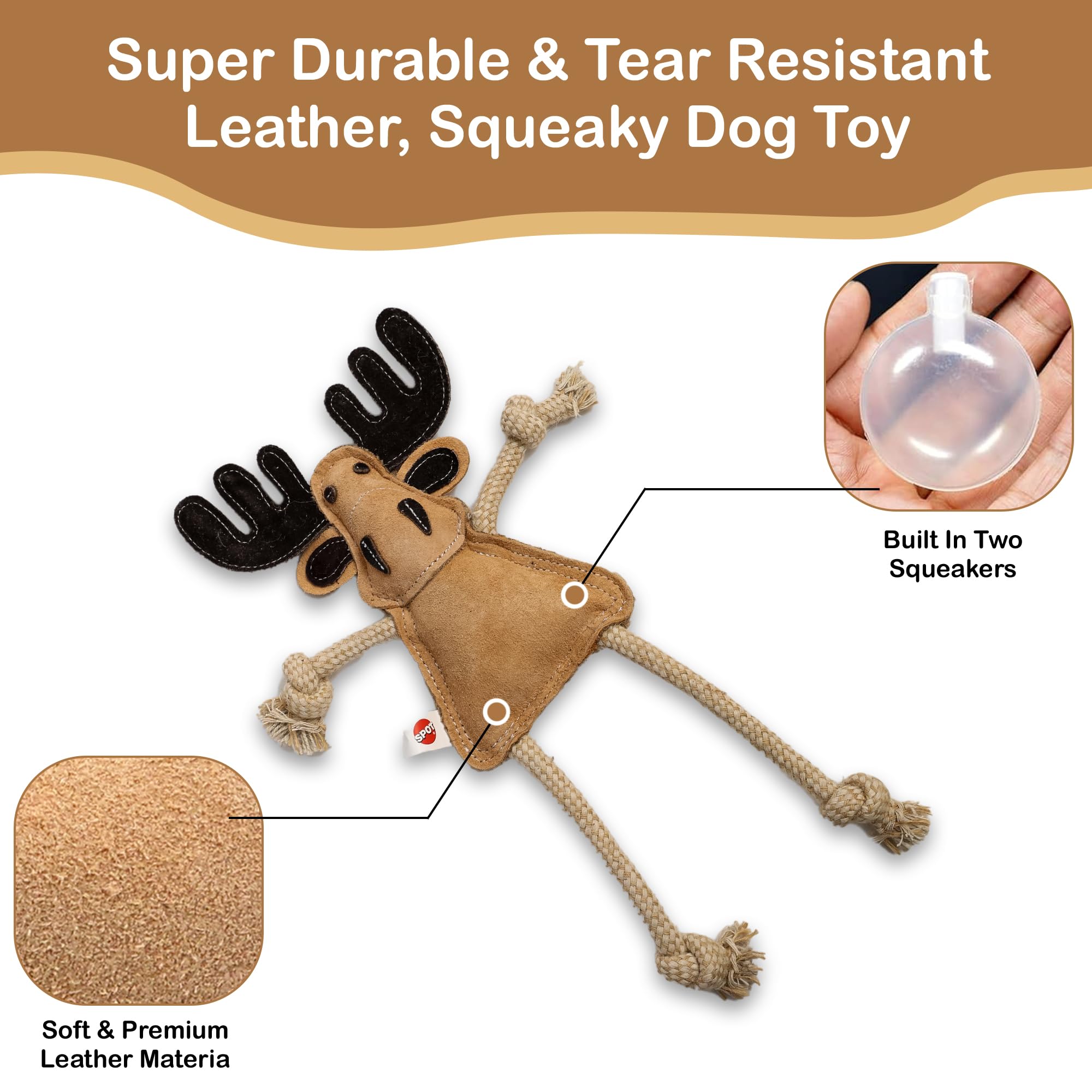 SPOT Dura-Fused Leather Dog Toy - Squeaker & Rope Limbs, 14in, Multicolor, Model 54120, Durable Chew Toy for Light to Moderate Chewers