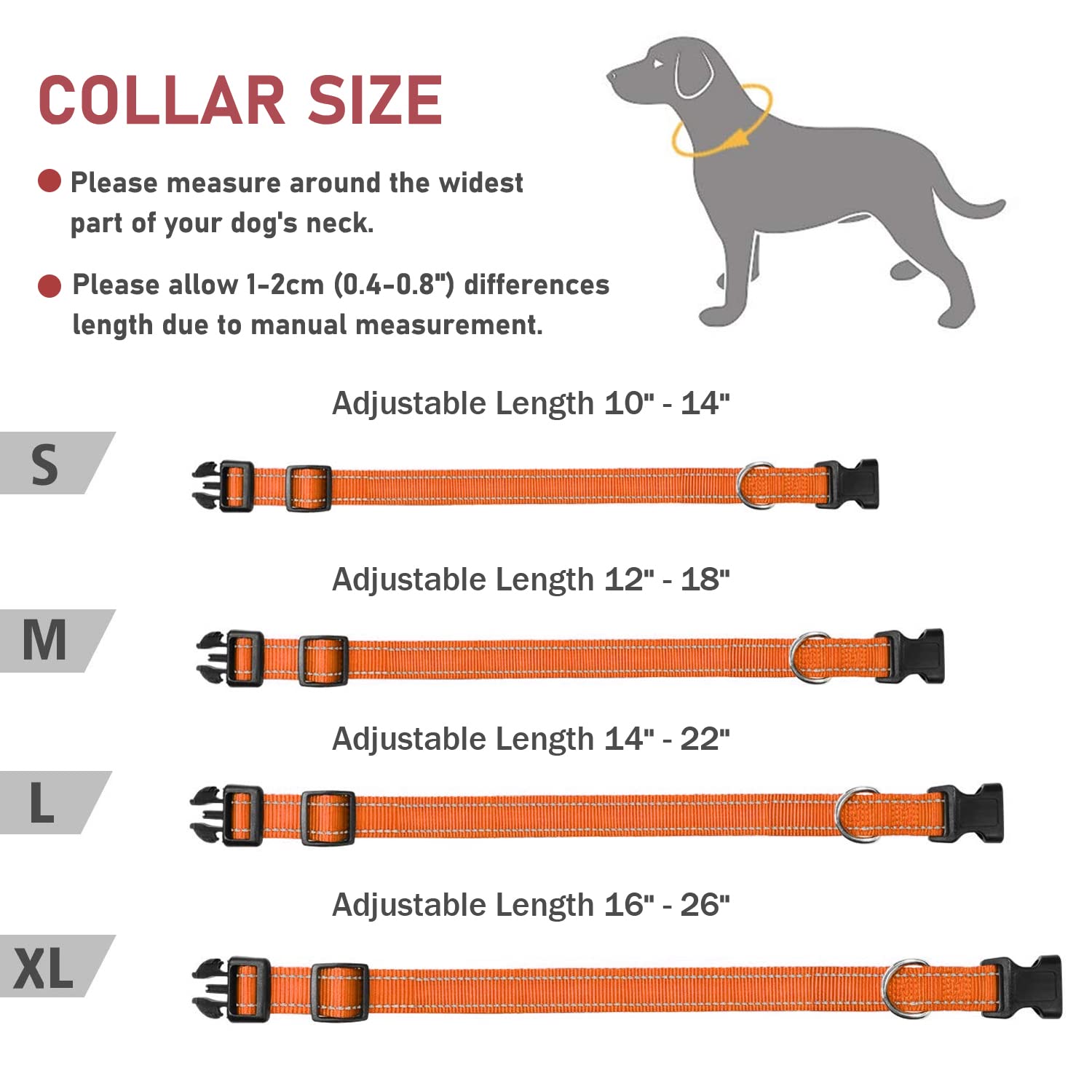 Reflective Dog Collar With Buckle Adjustable Safety Nylon Collars For Small Medium Large Dogs, Orange Xl