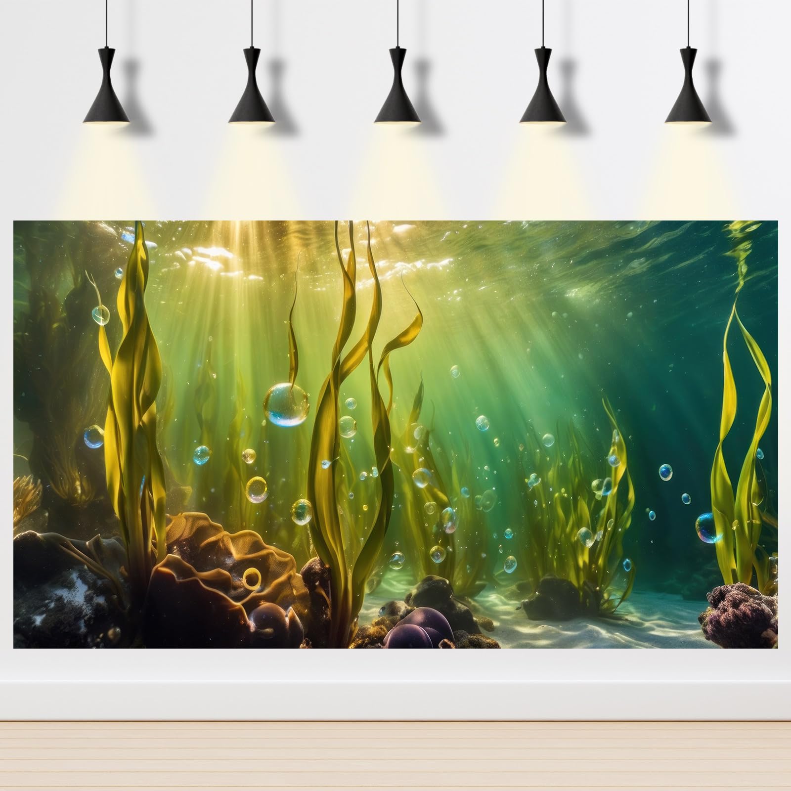 Aquarium Background Underwater Beautiful Coral Reef with Seaweed Bubbles Terrarium Backdrop Aquatic Plants Sunlight Rays Fish Ta