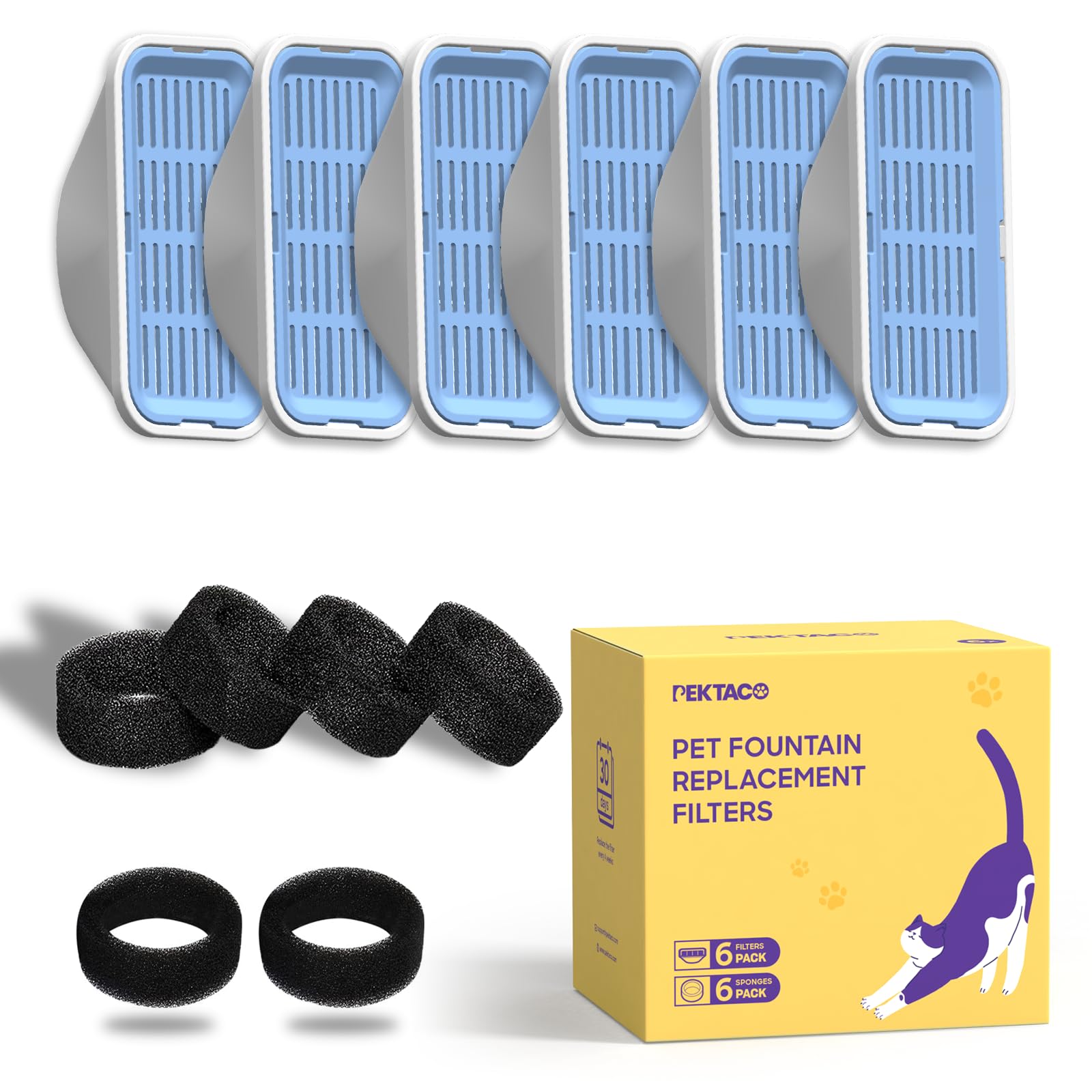 PEKTACO Cat Water Fountain Filters & Pre-Filter Sponges, 6 Pack, Standard Size, Blue, Compatible with 3.2L Automatic Pet Fountain