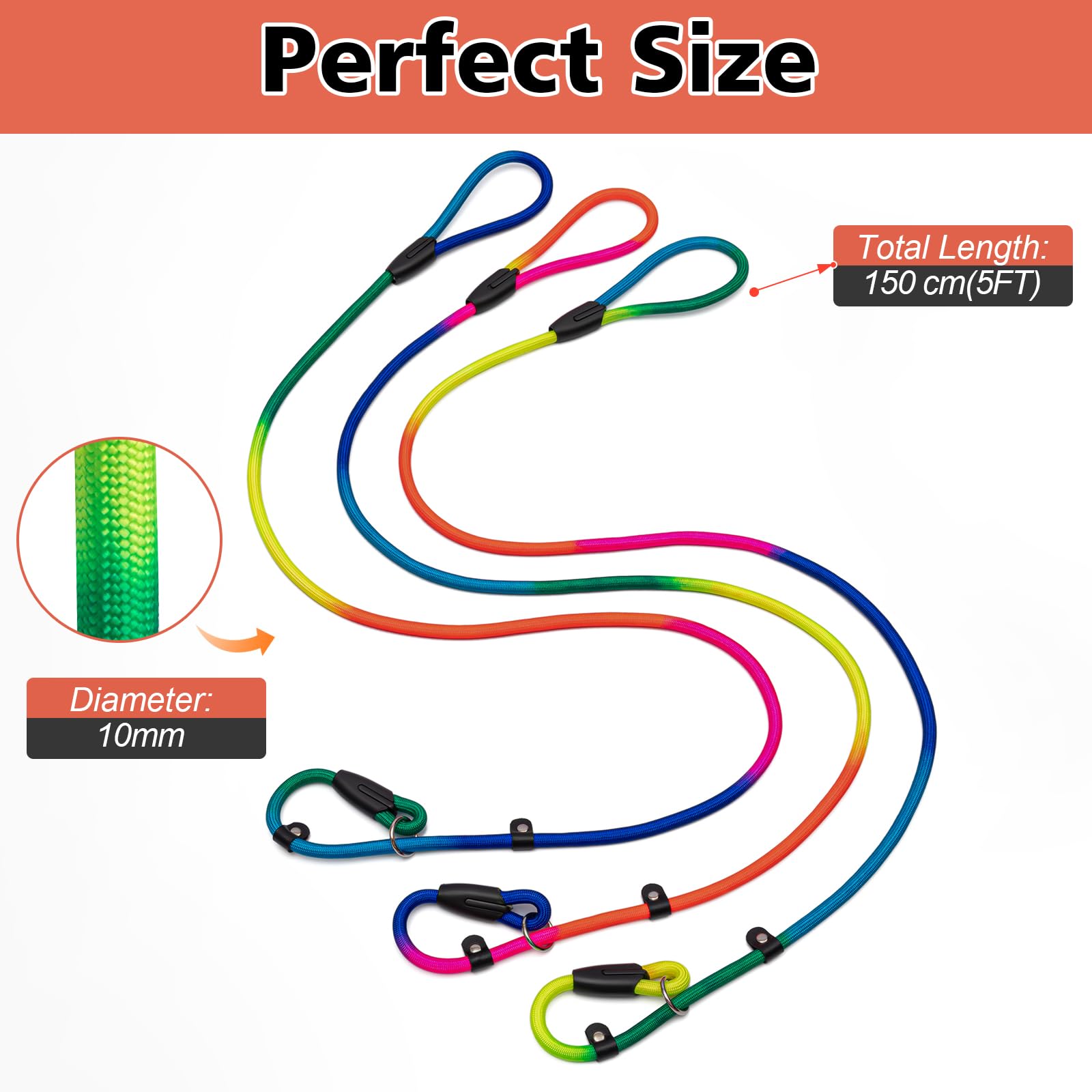 Fovrlzse 3-Pack Adjustable Rainbow Adjustable Slip Leads For Dogs - No-Pull Training For Small & Medium Dogs