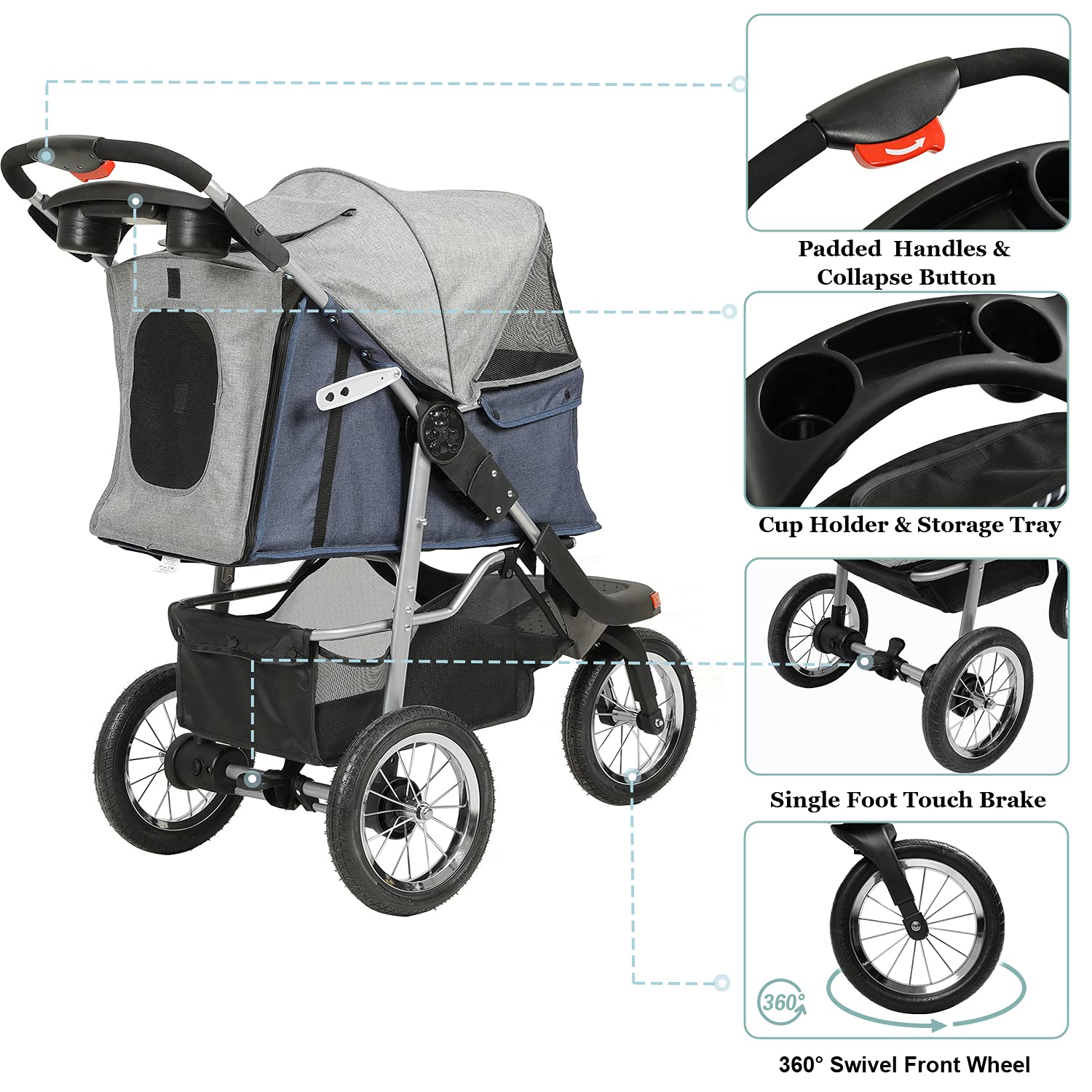 VIAGDO Premium Heavy Duty Dog Stroller for Small Medium Dogs & Cats, 3-Wheel Pet Strollers, Foldable Cat Stroller with Suspensio