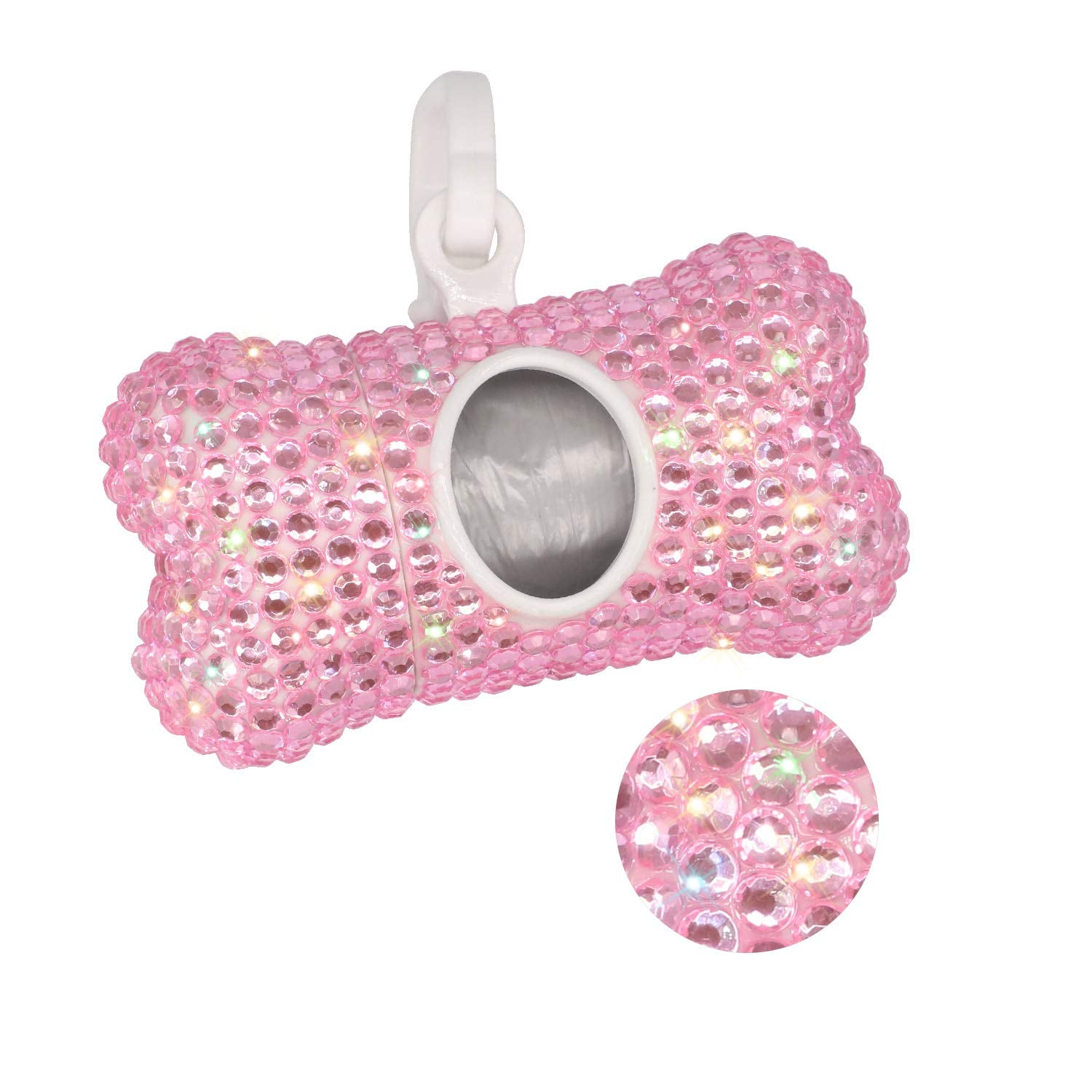 Soleebee Bling Crystal Bone Shaped Pet Waste Bag Dispenser With 1 Roll Waste Bags (Pink)