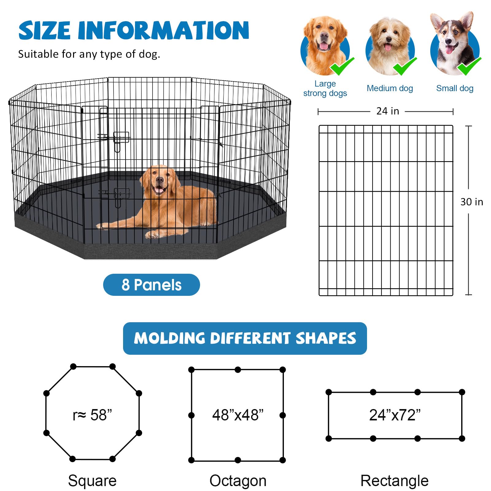 Dog Pen Pet Playpen Dog Fence Indoor Foldable Metal Wire Exercise Puppy Play Yard Pet Enclosure Indoor Outdoor 8 Panels 30 Inch