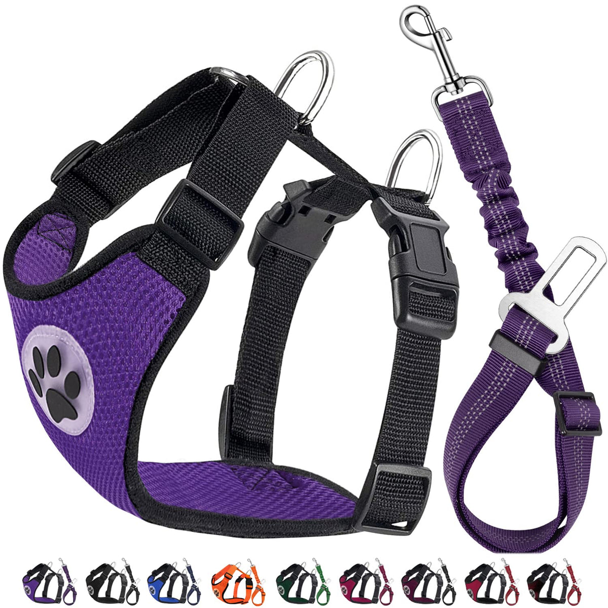 Lukovee Dog Safety Vest Harness With Seatbelt, Dog Car Harness Seat Belt Adjustable Pet Harnesses Double Breathable Mesh Fabric With Car Vehicle Connector Strap For Dog (Small, Purple)