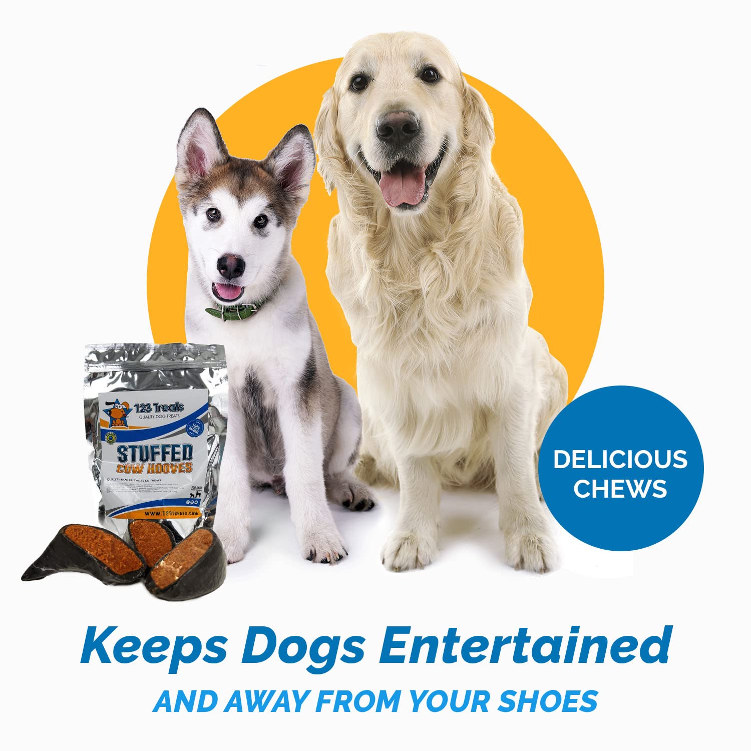 123 Treats Cow Hooves for Dogs, Cheese & Bacon Flavor, Natural Beef Chews, 3 Count Pack