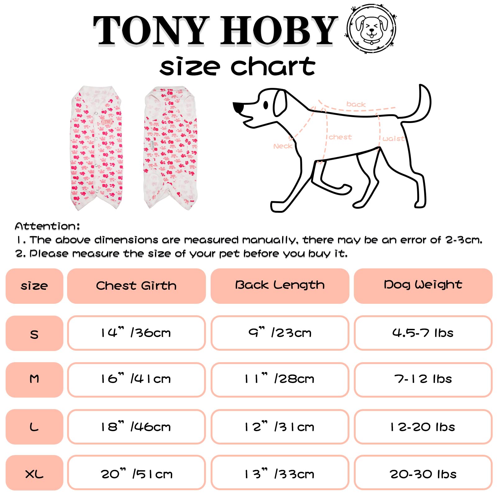 Tony Hoby Dog Pajamas, Summer Dog Shirt, Soft Breathable Dog Pajamas With Cute Pawprints (Pink, S), Small