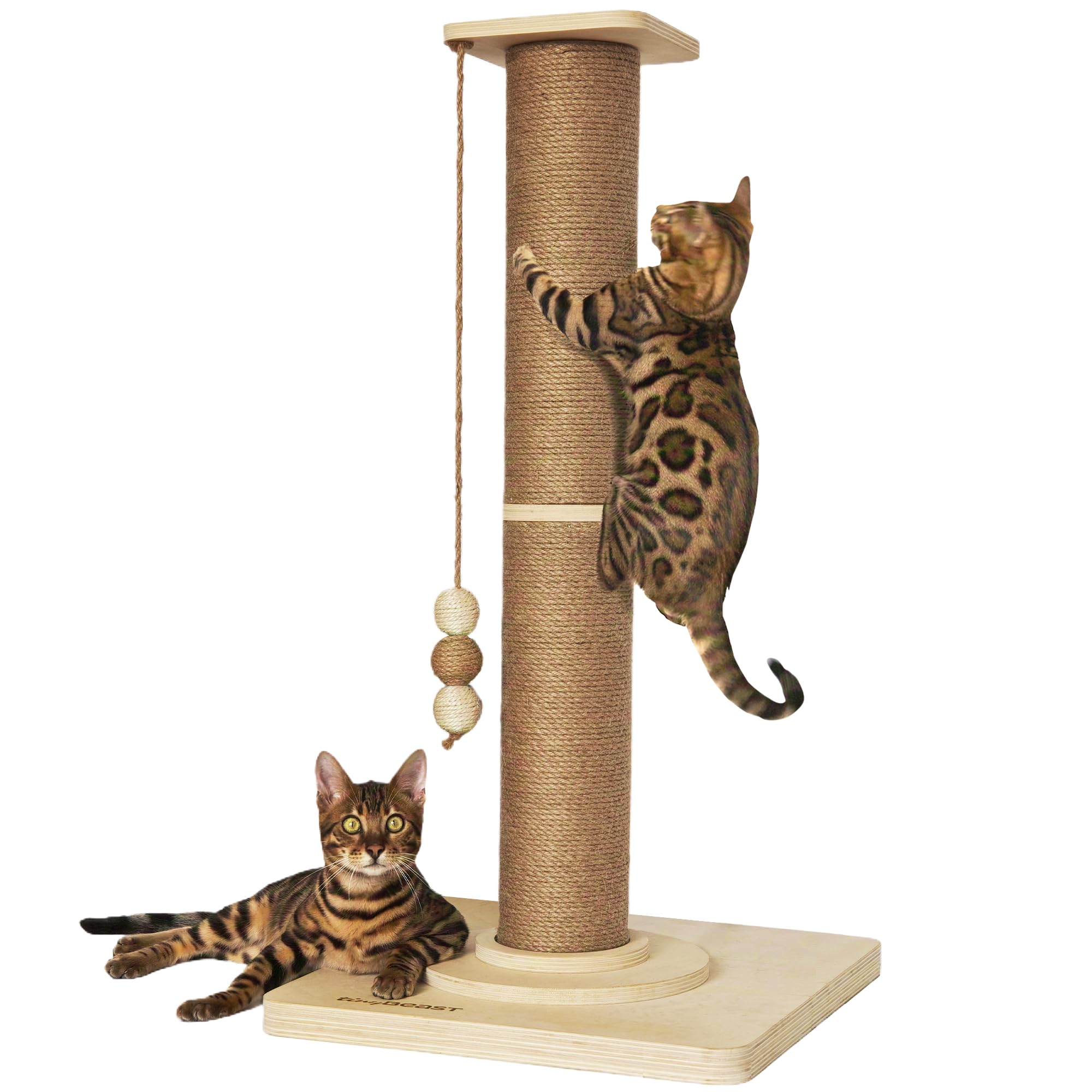 Tinybeast Wooden Cat Scratching Post, Sturdy 35'' Tall Natural Sisal Cat Scratcher With Thick Solid Wood Base For Adult Cats Ind