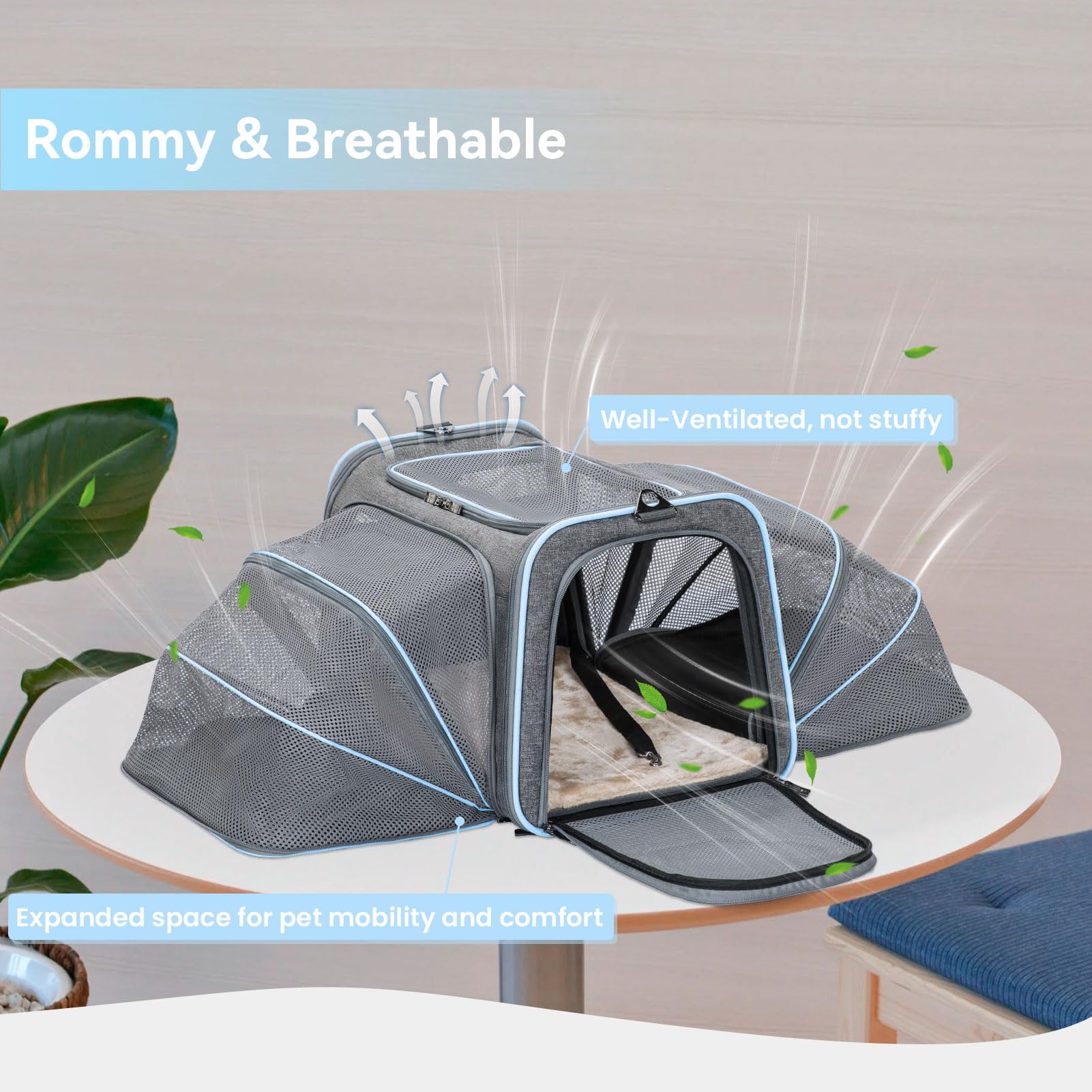 Petsfit Expandable Cat Carrier, Airline Approved, Soft-Sided, Washable, Light Grey, 16x10x9, Portable for Small Dogs, Kittens, and Rabbits