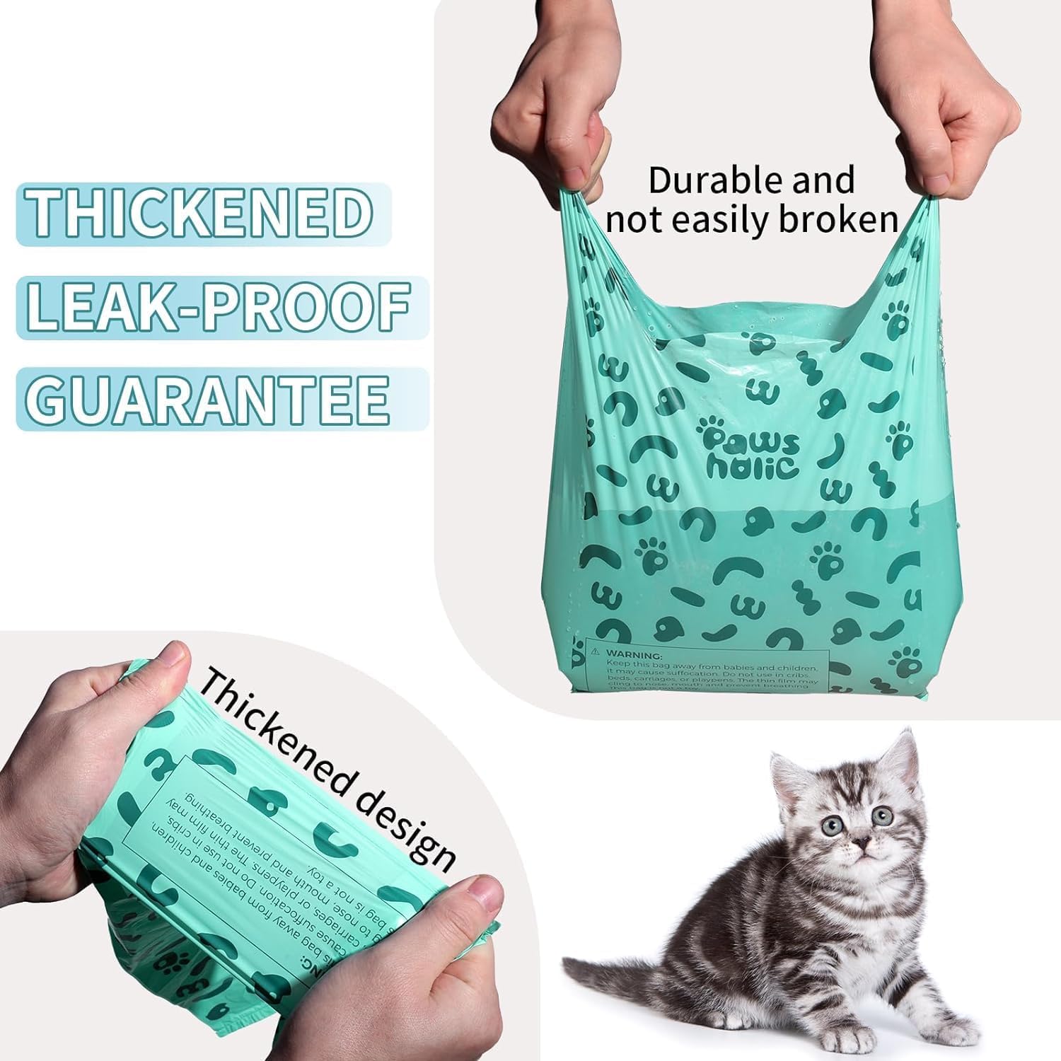 PAWSHOLIC Cat Poop Bags Cat Litter Bags with Handle, 180 Counts, Cornstarch Based Extra-Thick&Leak Proof Pet Waste Pick Up Bag (