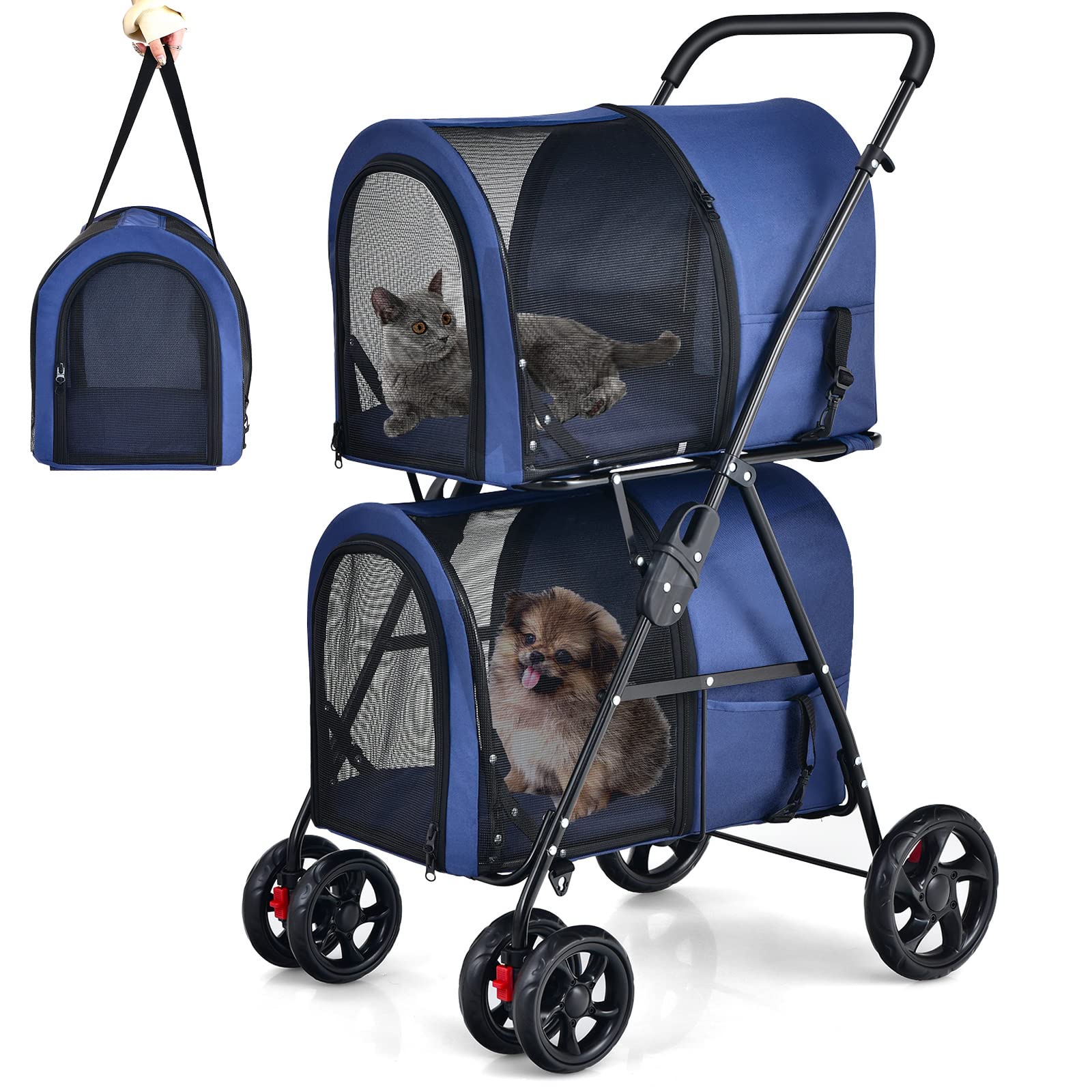 Giantex Double Pet Stroller With 2 Detachable Carrier Bags, Safety Belt, 4 Lockable Wheels, Folding Cat & Dog Stroller For Small