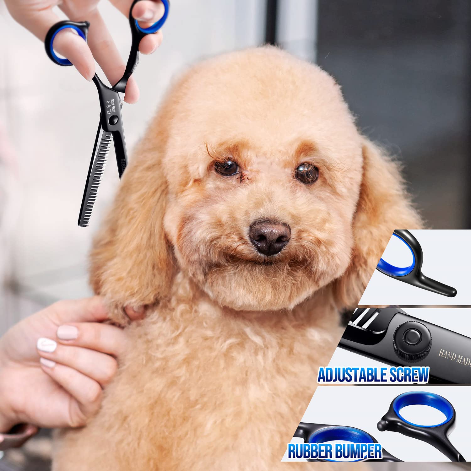 Gimars Professional 5 In 1 Grooming Scissors For Dogs 4Cr With Safety Round Tip, Heavy Duty Titanium Coated Straight & Thinning