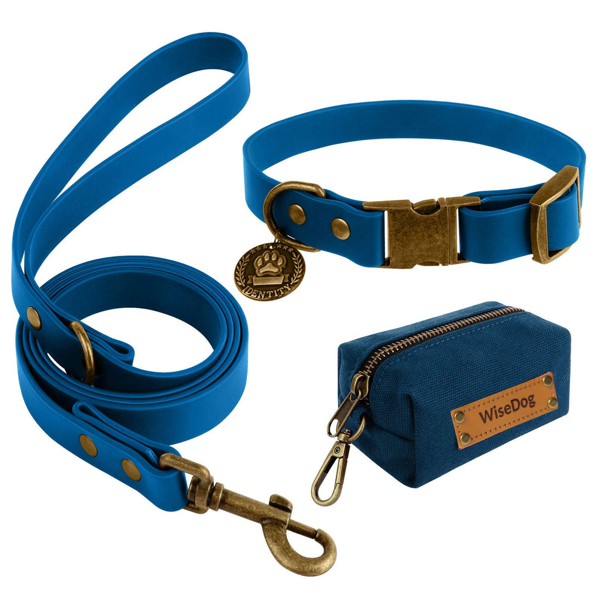 Wisedog Dog Collar And Leash Set Combo: Adjustable Durable Pet Collars With Dog Leashes For Small Medium Large Dogs,Includes One Bonus Of Poop Bag Holder (L, Blue)