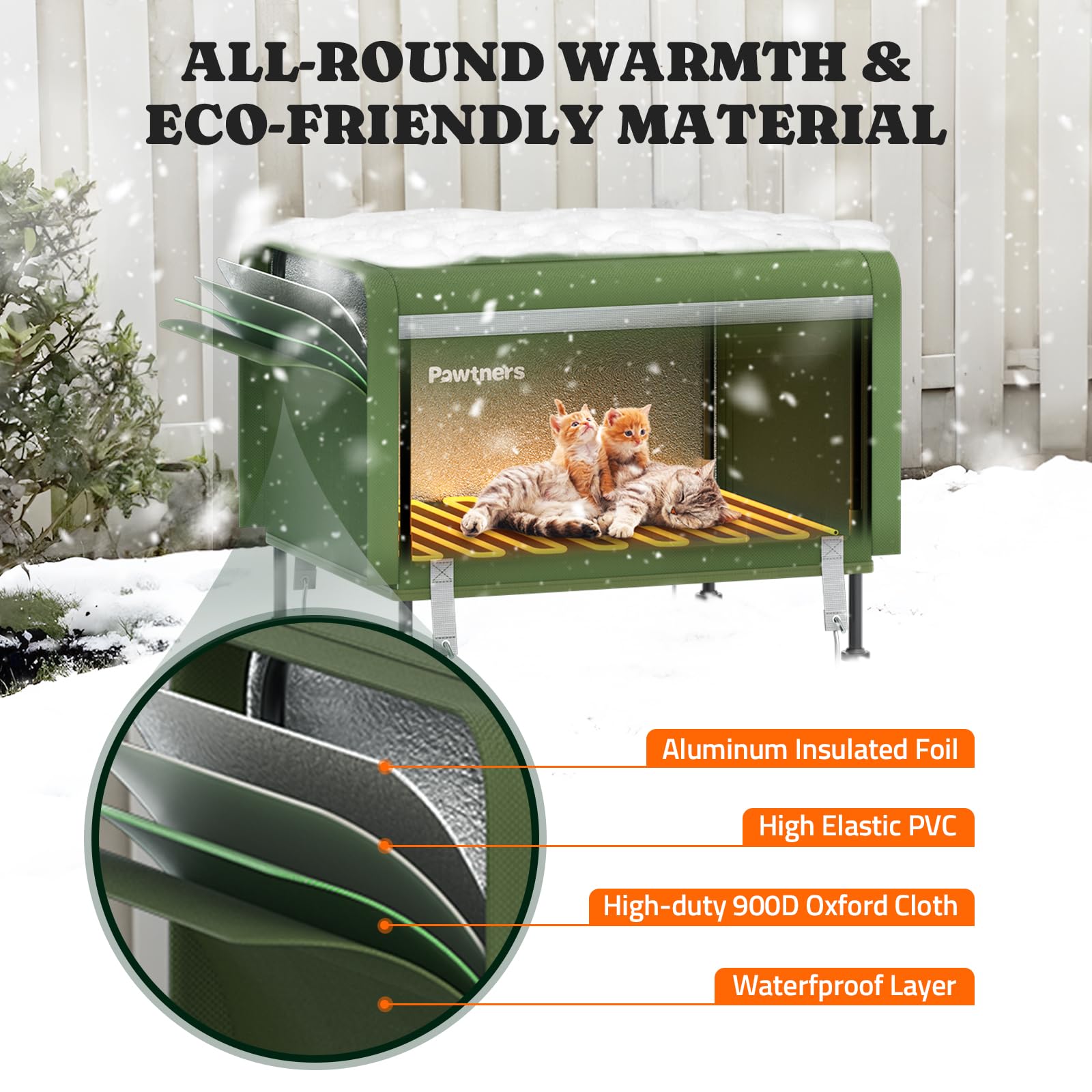 Pawtners Heated Cat House For Outside, Outdoor Insulated Kitty Shelter With Heated Pad And Escape Door, Warm Cozy Pet House Cove