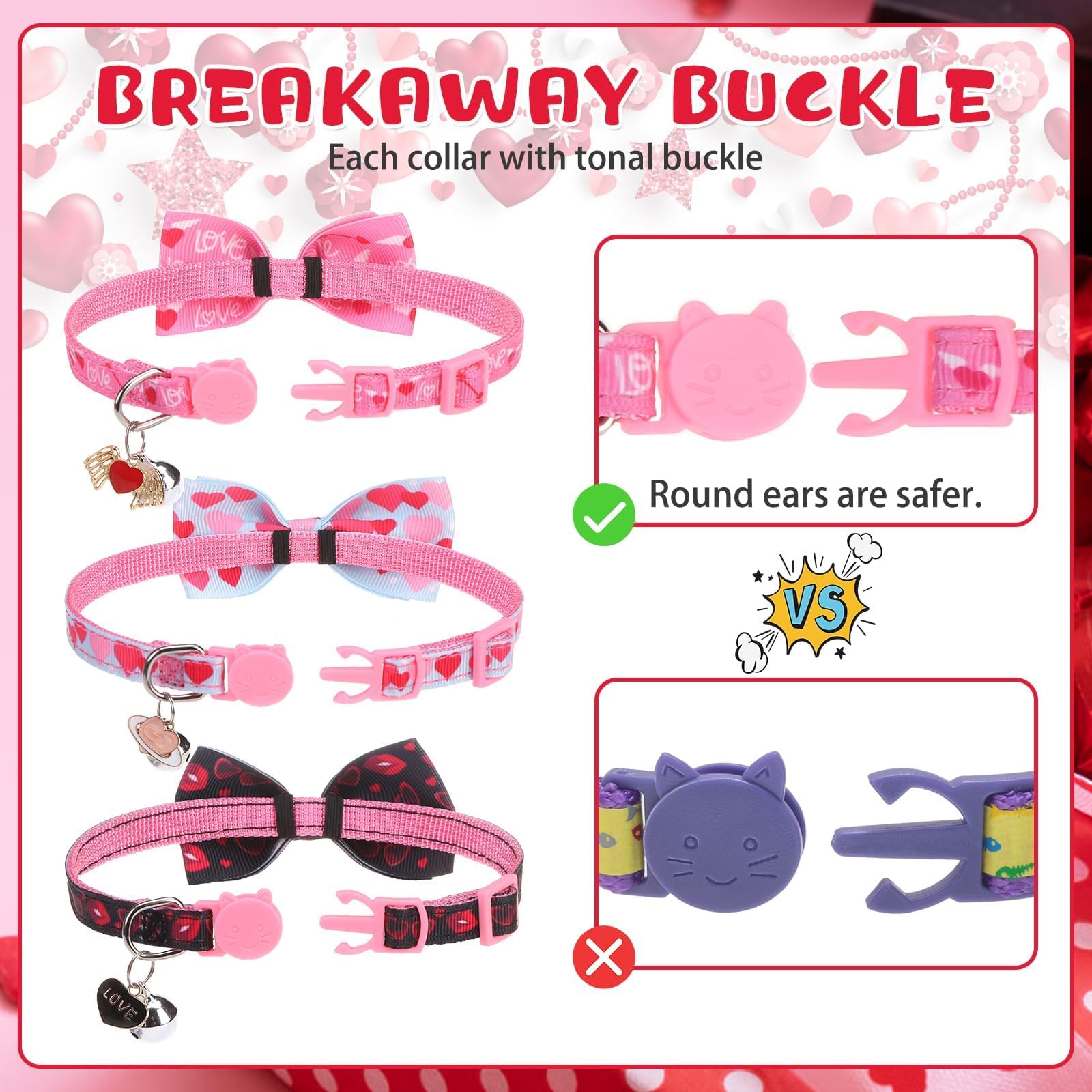 Kooltail Cat Collar Breakaway With Bowtie And Bells, 3 Pack Cute Kitten Collars, Adjustable Safety Buckle Heart Charm Pendant Pe