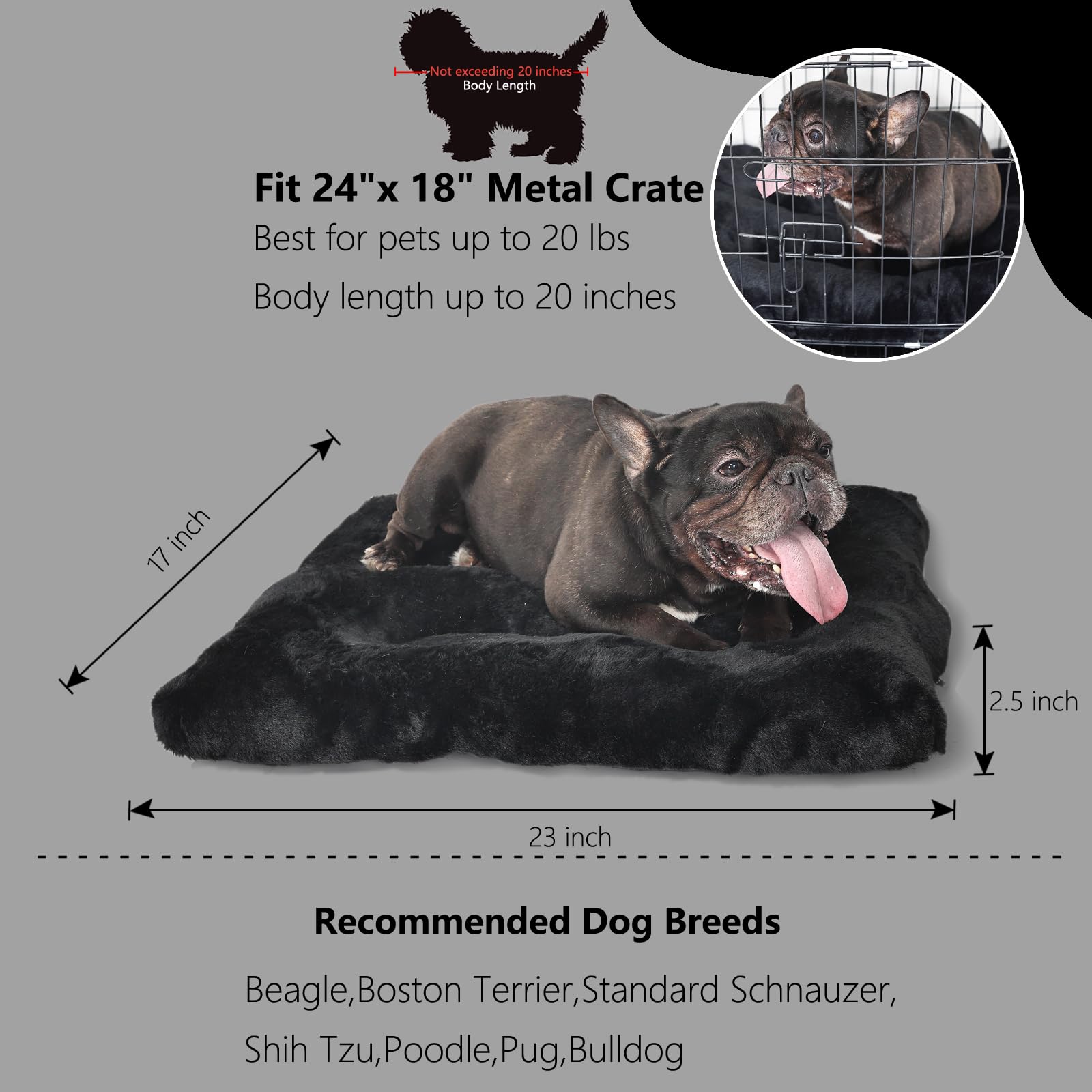 Nononfish Crate Beds For Small Dogs Washable Fit Crates Or Cage With Zipper,Extra Soft Black Pet Mat 24 Inch With Anti-Slip Bott