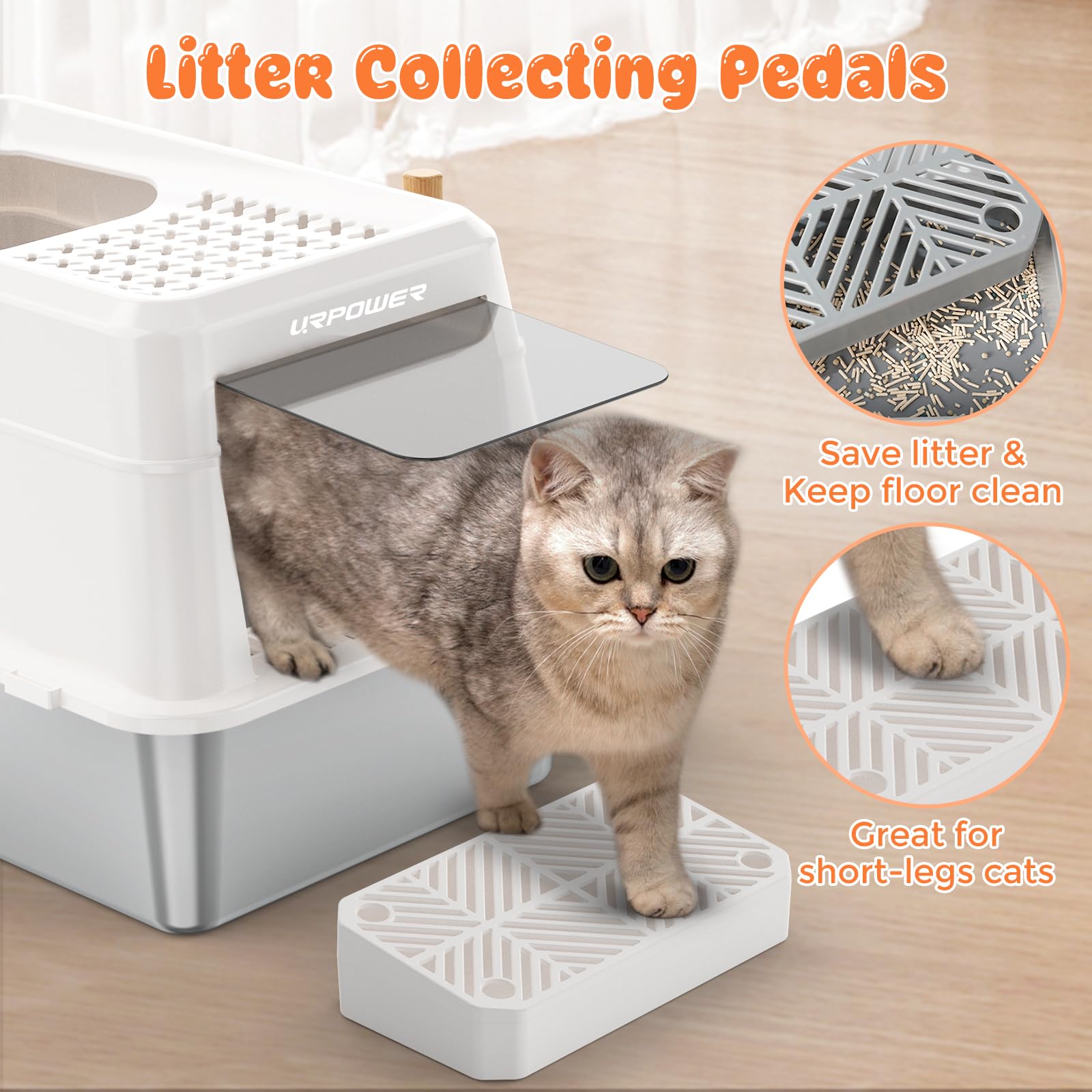 URPOWER Extra Large Stainless Steel Cat Litter Box with Lid, Non-Sticky Metal Pan, High Sided Enclosure, Easy Cleaning, White