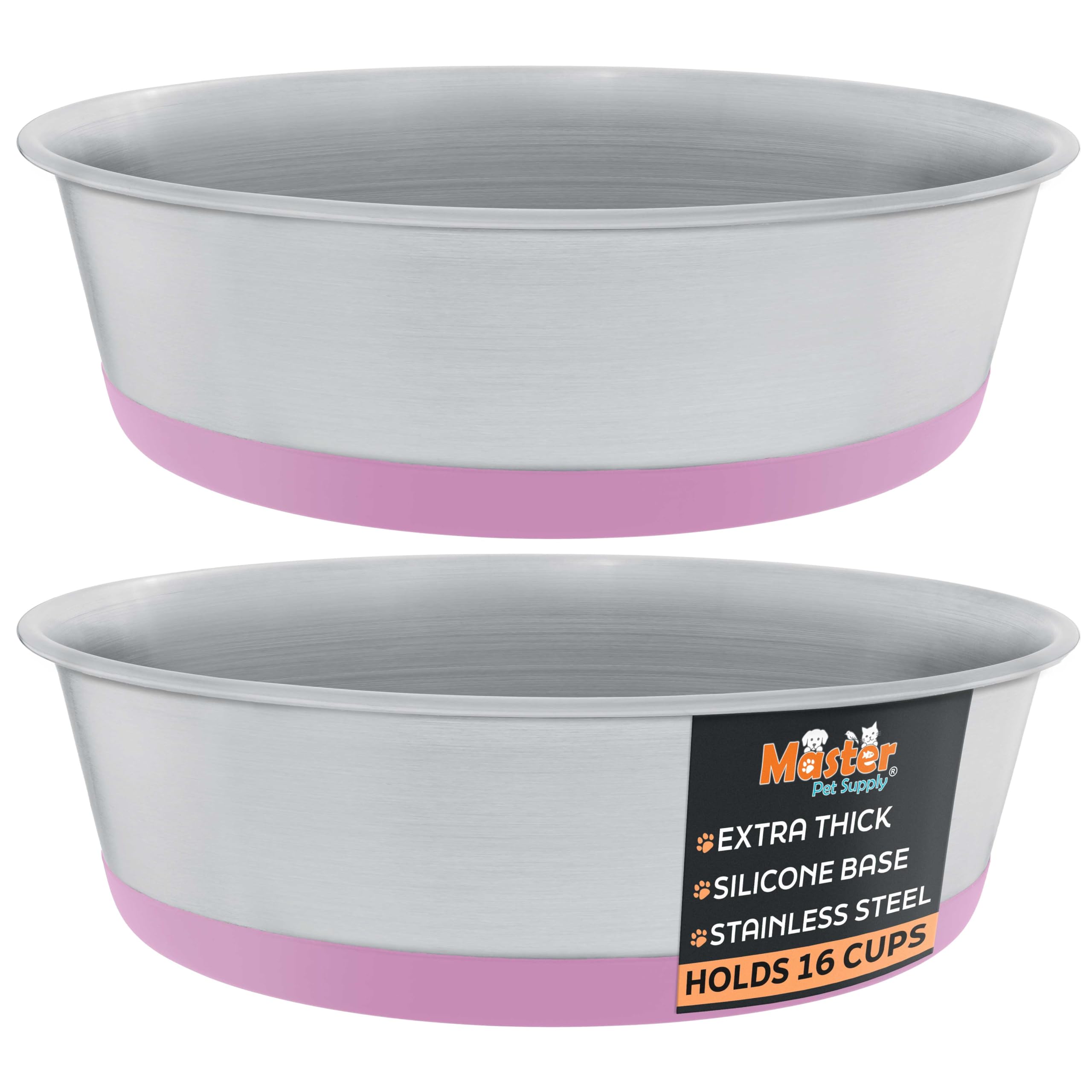Master Pet Supply Stainless Steel Dog Bowls Set of 2 with Extra Thick Silicone Base - 16 Cup (128 oz) Hyper Pink, Non-Slip, Dish