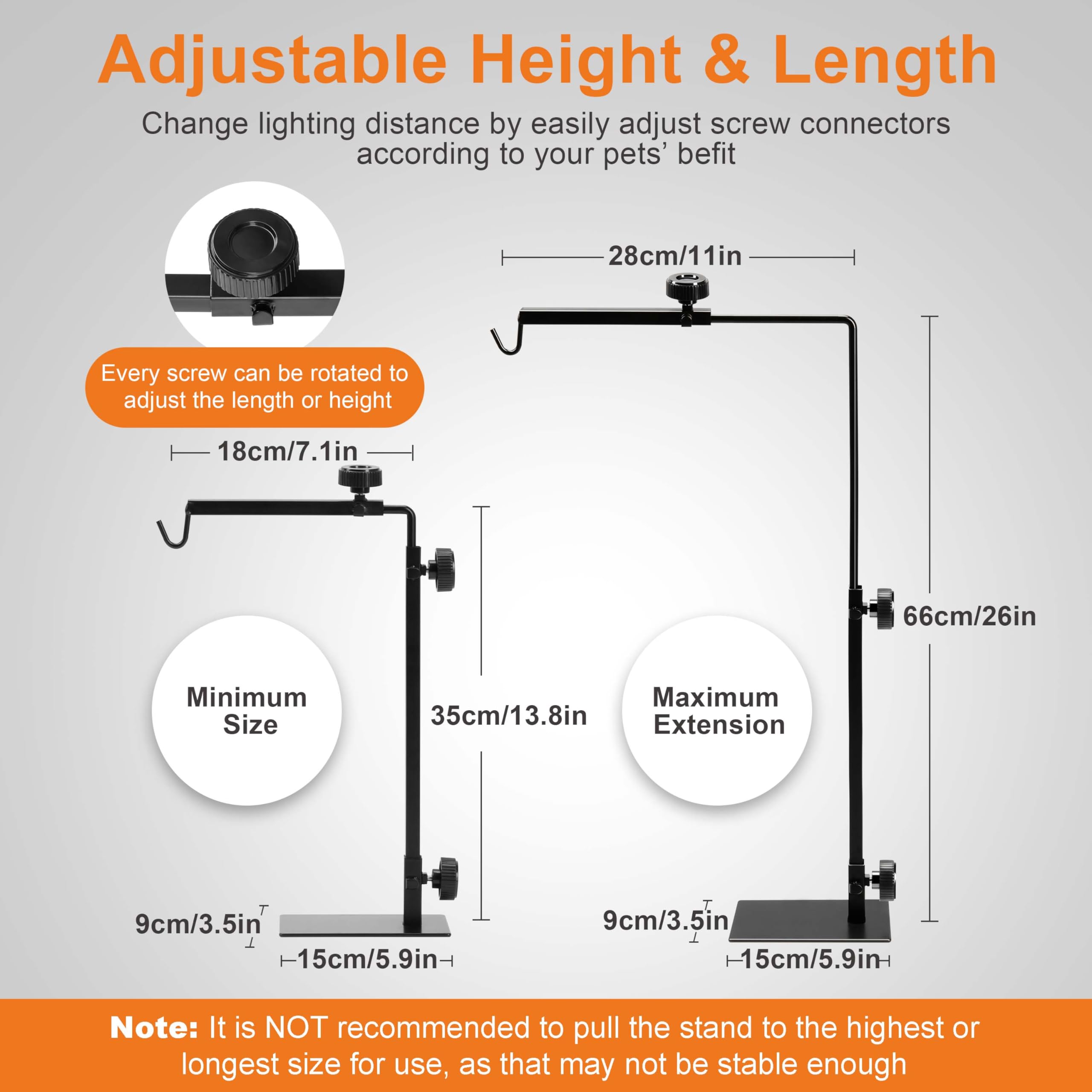 Simple Deluxe Reptile Lamp Stand Metal Floor Light Holder Basking Lamp-Holder Lamp-Support Bracket, Height Adjustable For Glass