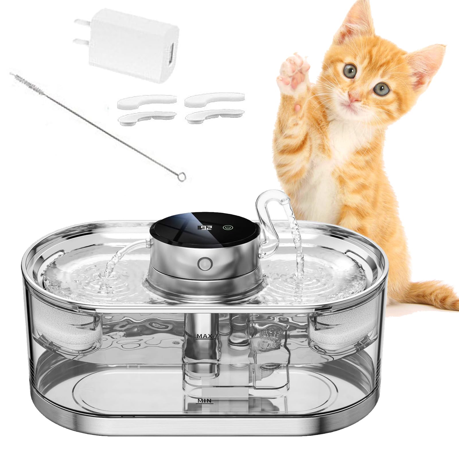 Stainless Steel Cat Water Fountain, 3L/101 Oz Automatic Pet Drinking Fountain With Adjustable Water Flow, Ultra-Silent, Wireless