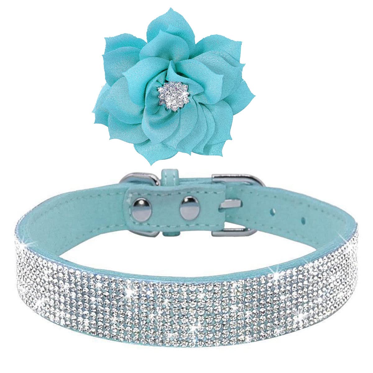 Haoyueer Cute Dazzling Sparkling Soft Suede Leather Dog Rhinestone Collar, Crystal Diamond Buckle, Blue, Xs