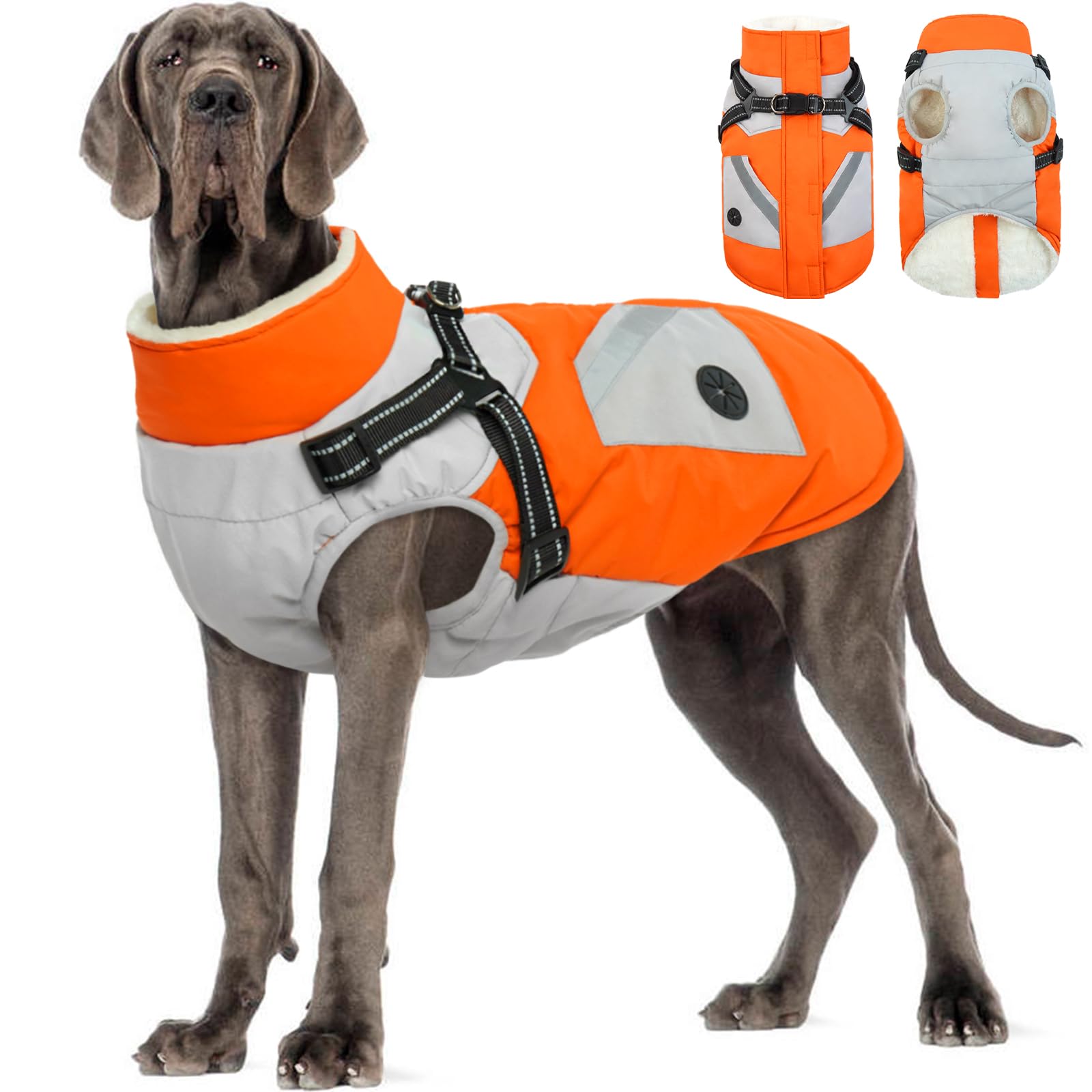 Fuamey Dog Jacket - Waterproof Winter Coat With Built-In Harness, Reflective Vest For Extra Large Dogs, Orange, Xxxl With Poop B