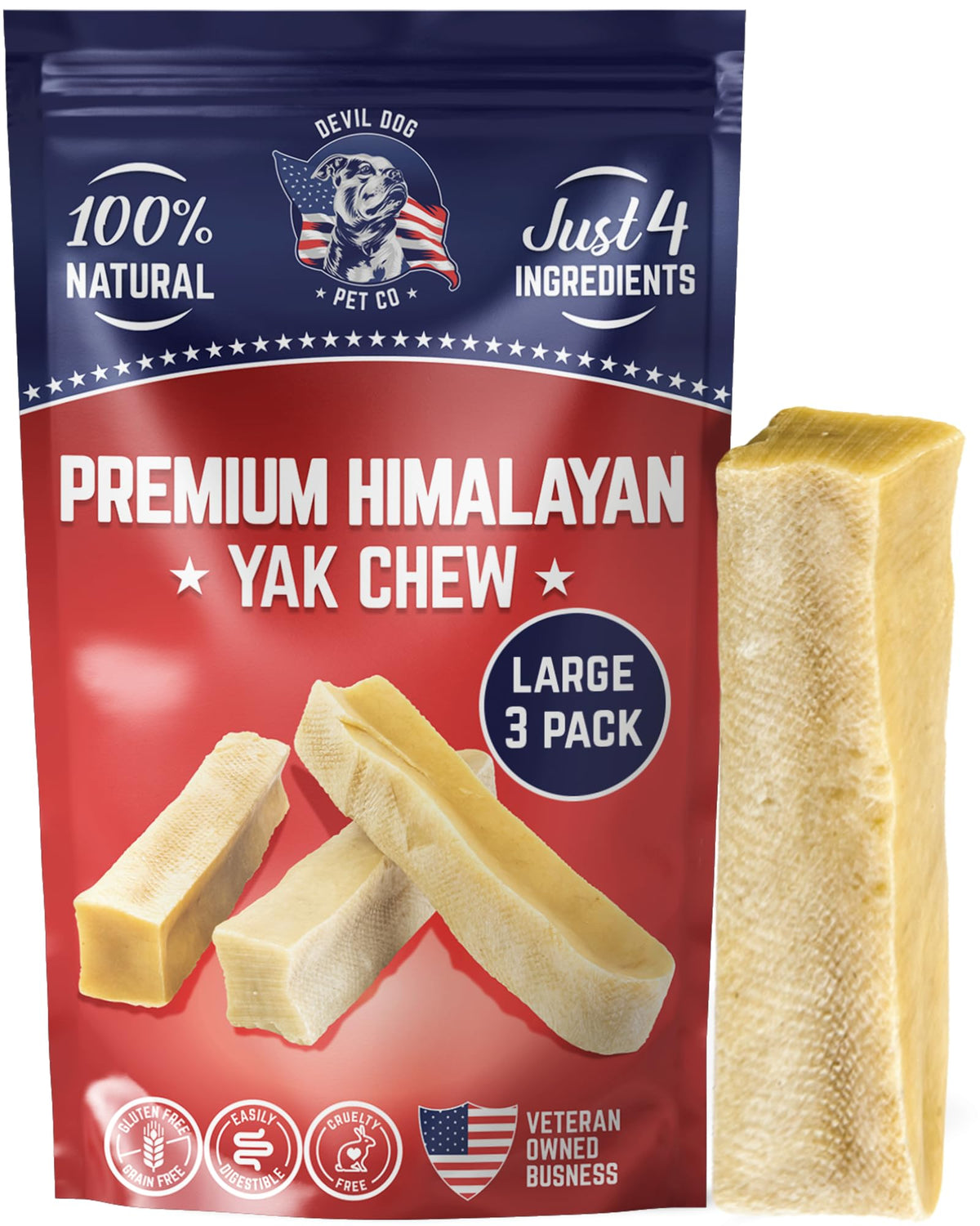 Devil Dog Pet Co Yak Cheese Dog Chews - Premium All Natural Dog Treats For Aggressive Chewers - Long Lasting, Limited Ingredient And Odorless - Usa Veteran Owned Business (Large - 3 Pack)