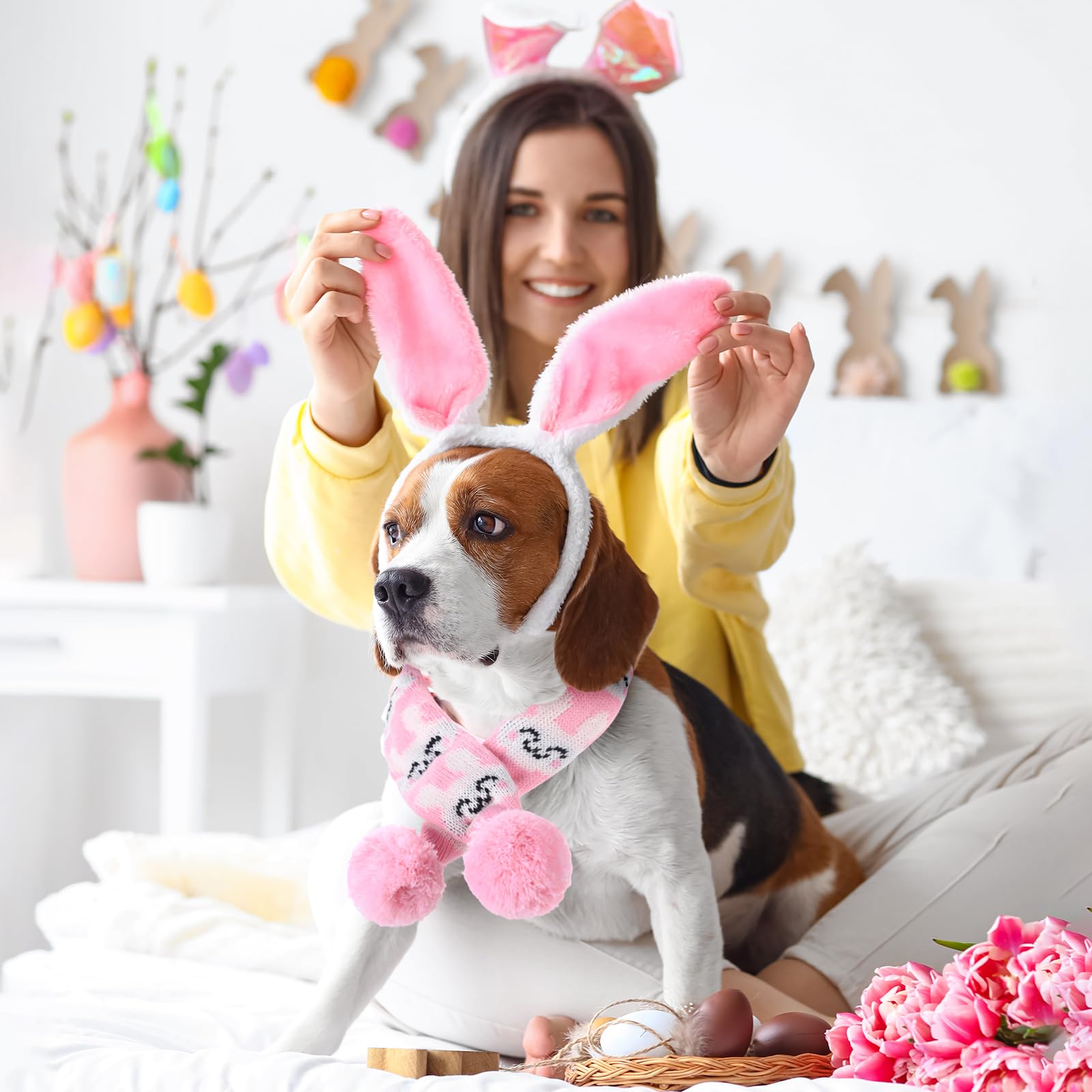 Siltriangle 3 Pieces Easter Dog Costume Set Including Easter Rabbit Ears Headband Easter Dog Tutu Dress Cute Pet Tutu Pink Easte