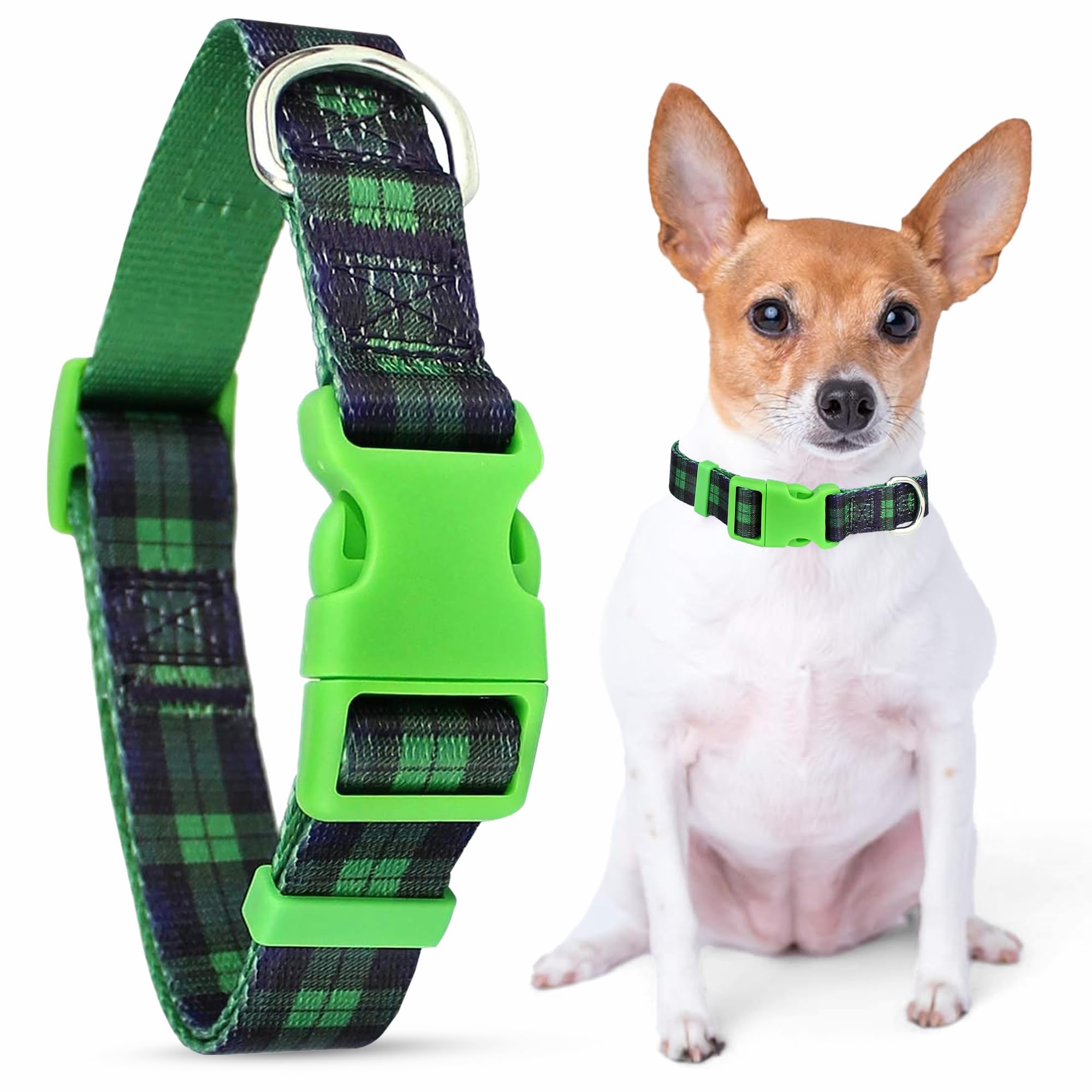 Parisian Pet Dog Collar - Adjustable “ Scottish Green Plaid “ Pattern Puppies Collar - Comfortable, And Breathable Dog Collar - Nylon Dog Collars For Large Dogs L