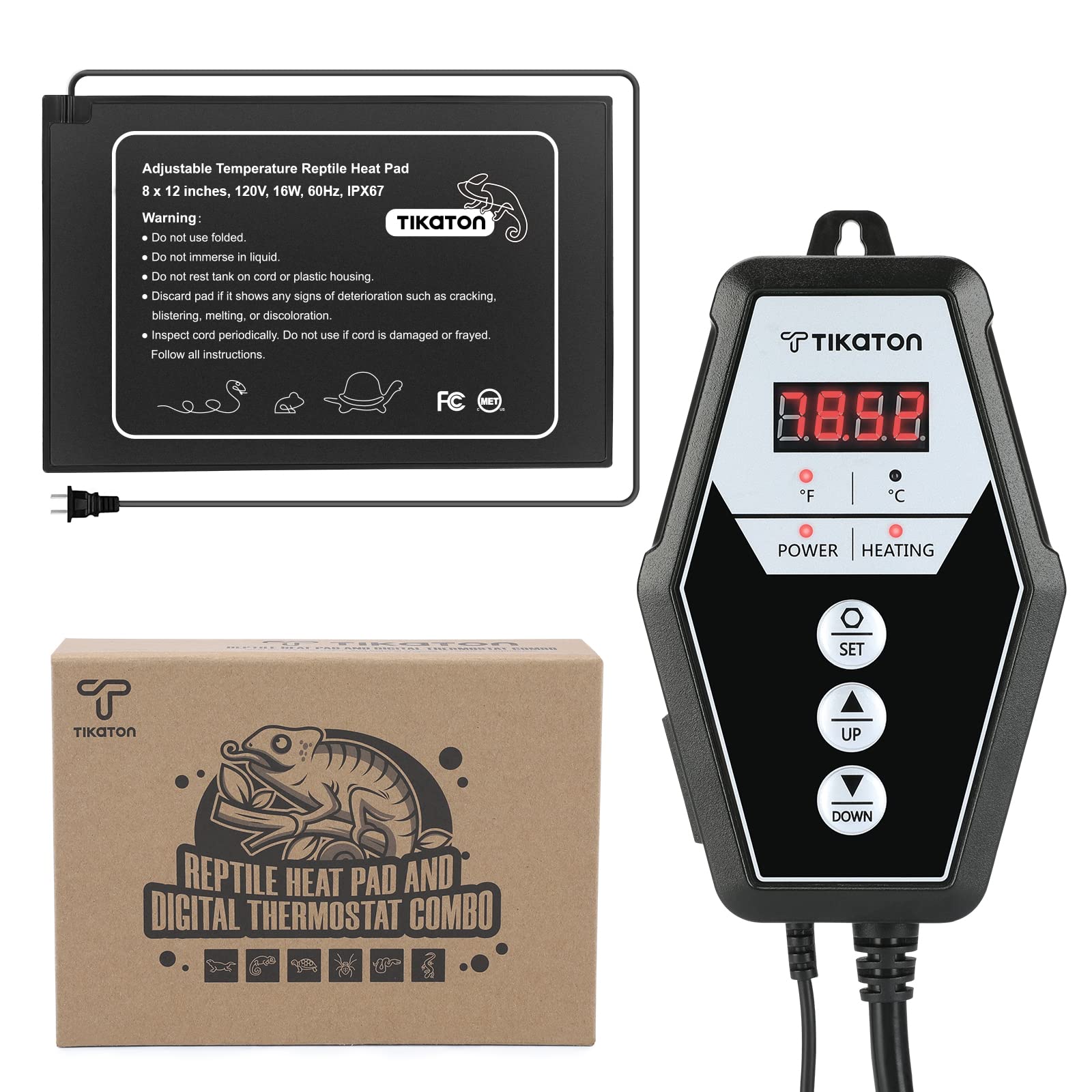 Tikaton Reptile Heating Pad And Digital Thermostat Combo Set, Under Tank Heater For 10-20Gal/30-40Gal Tank, Terrarium Heat Mat F