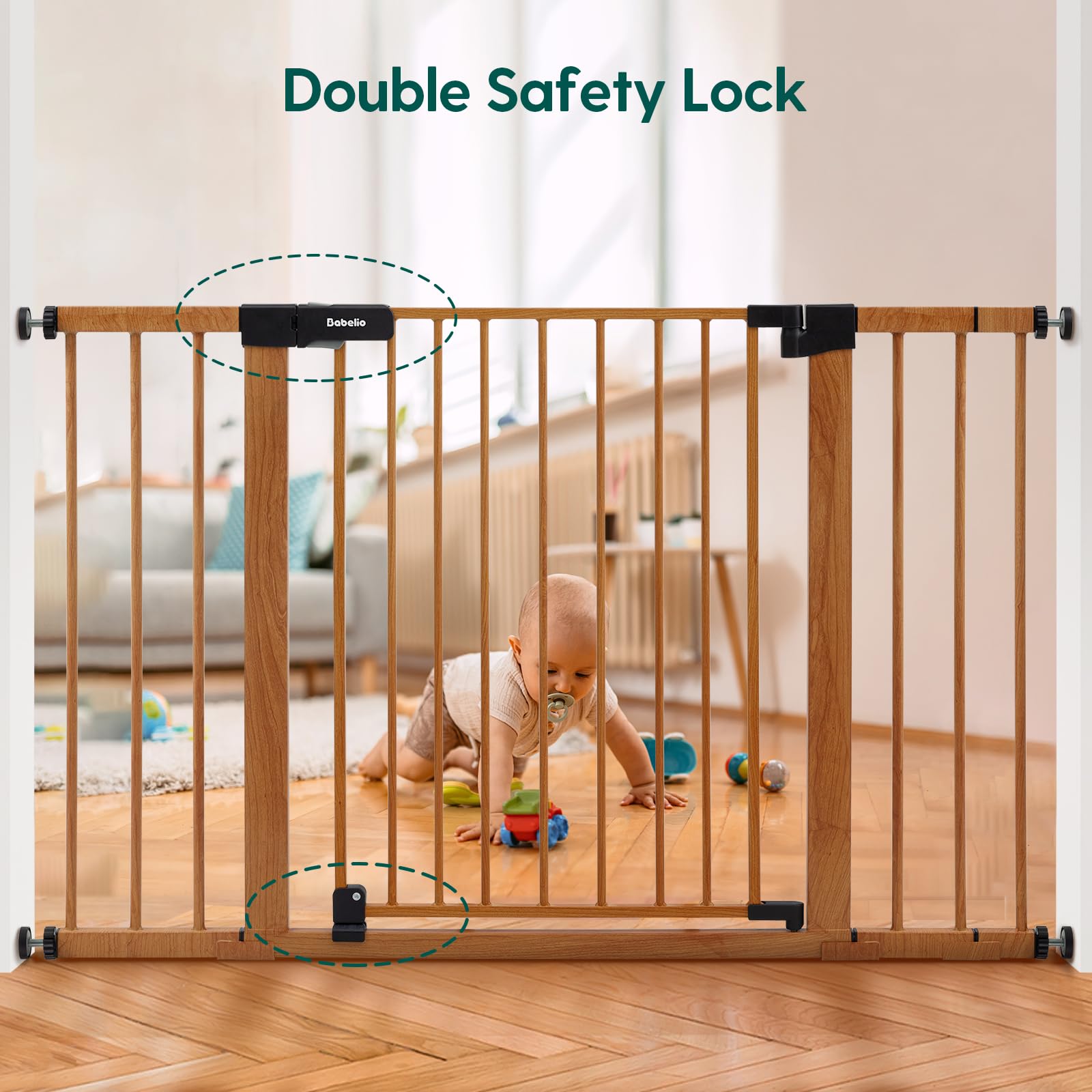 BABELIO 29-48 Metal Baby Gate with Brown Wood Pattern, Auto Close Dog Gate PressGuard P7 for The House, Stairs and Doorways, Pre