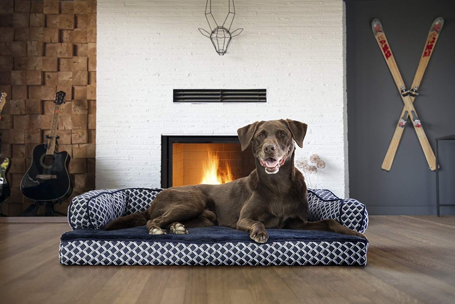 Furhaven Orthopedic Dog Bed For Large/Medium Dogs W/ Removable Bolsters & Washable Cover, For Dogs Up To 55 Lbs - Plush & Woven Decor Comfy Couch Sofa - Diamond Blue, Large