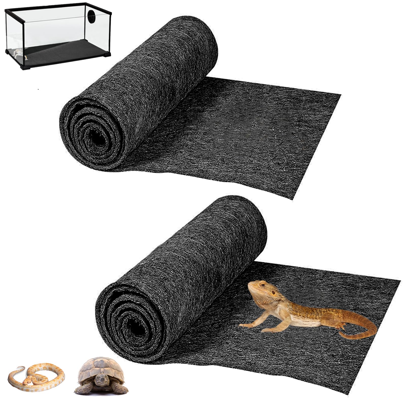 Hercocci 2 Pack Reptile Carpet, 39’’ X 20’’ Terrarium Bedding Substrate Liner Reptile Cage Mat Tank Accessories For Bearded Dragon Lizard Tortoise Leopard Gecko Snake (Grey)