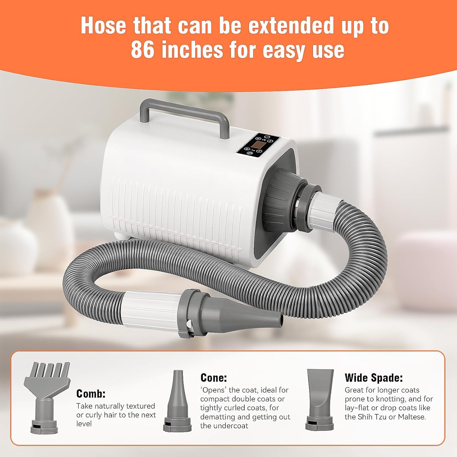 Pegnoy Dog Dryer, High-Speed Professional Pet Grooming Dryer, Cat Dryer, Fast Drying, 3 Different Nozzles, Suitable For All Kind