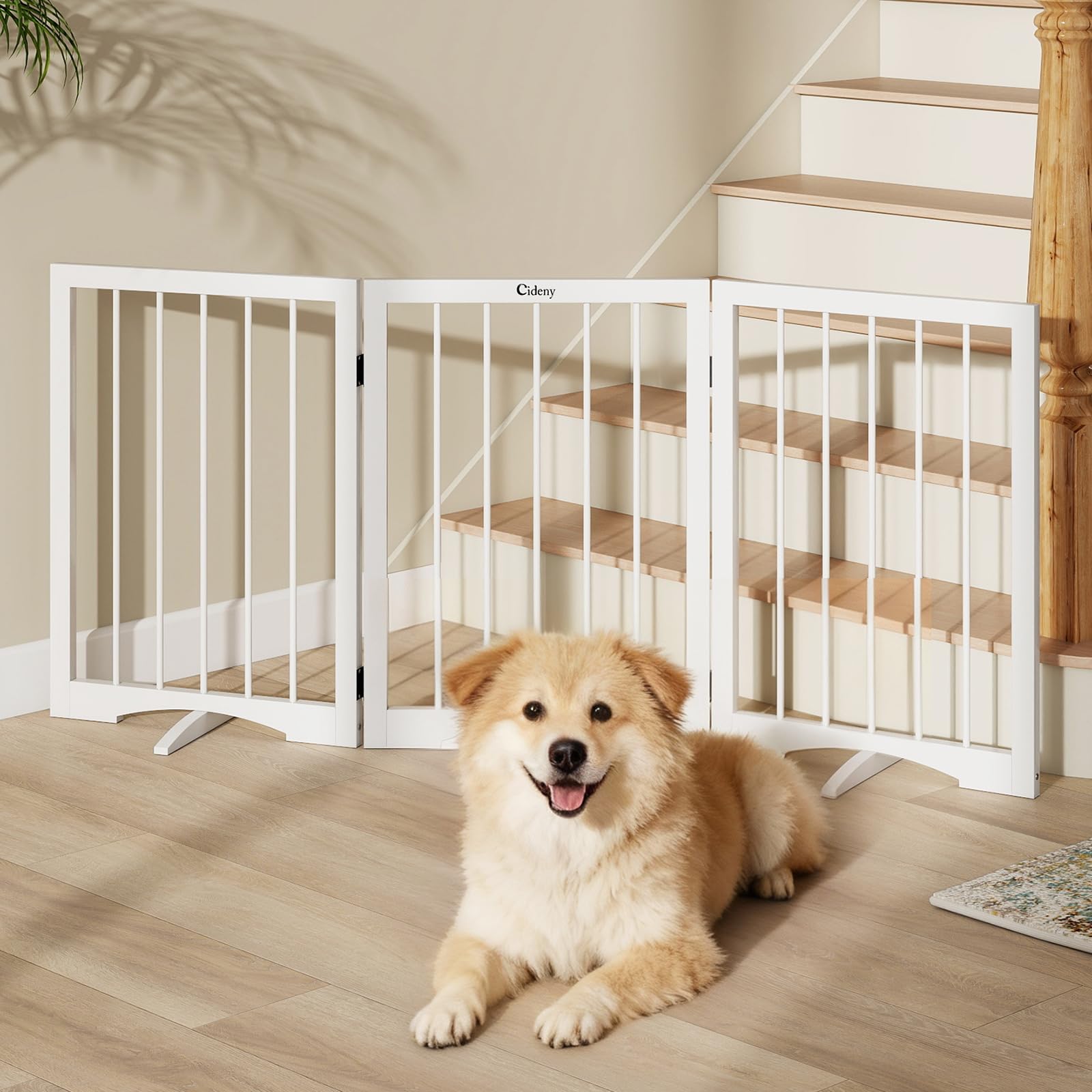 Cideny Free Standing Dog Gate Indoor, Foldable Dog Gate for Doorways Stairs Hallways, 3-Panel Freestanding Pet Gate with Support