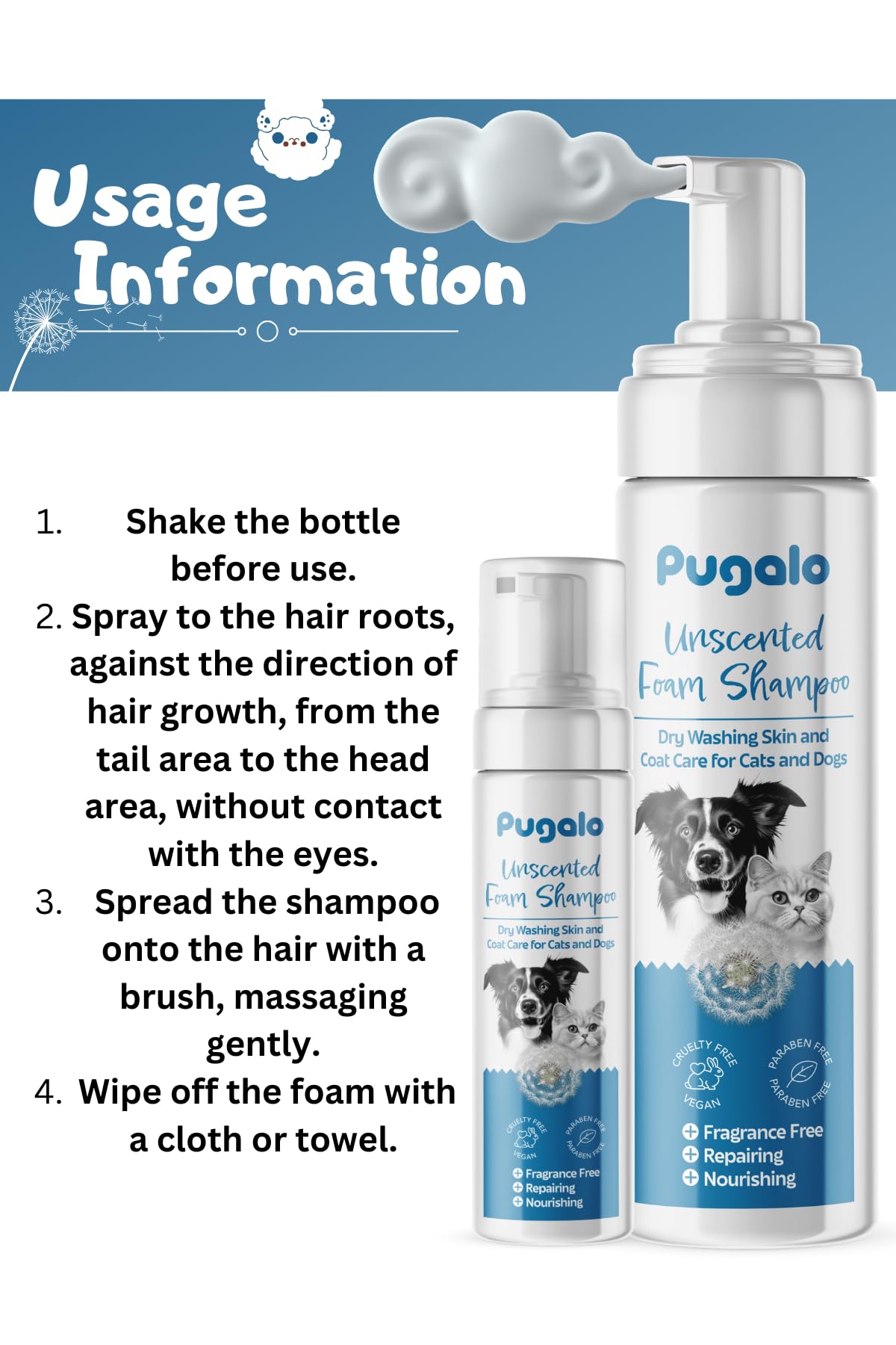 Waterless Cat & Dog Shampoo - 200Ml (6.76Oz) Unscented Dry Foam Cleanser & Conditioner - No-Rinse Deshedding Shampoo For Smelly