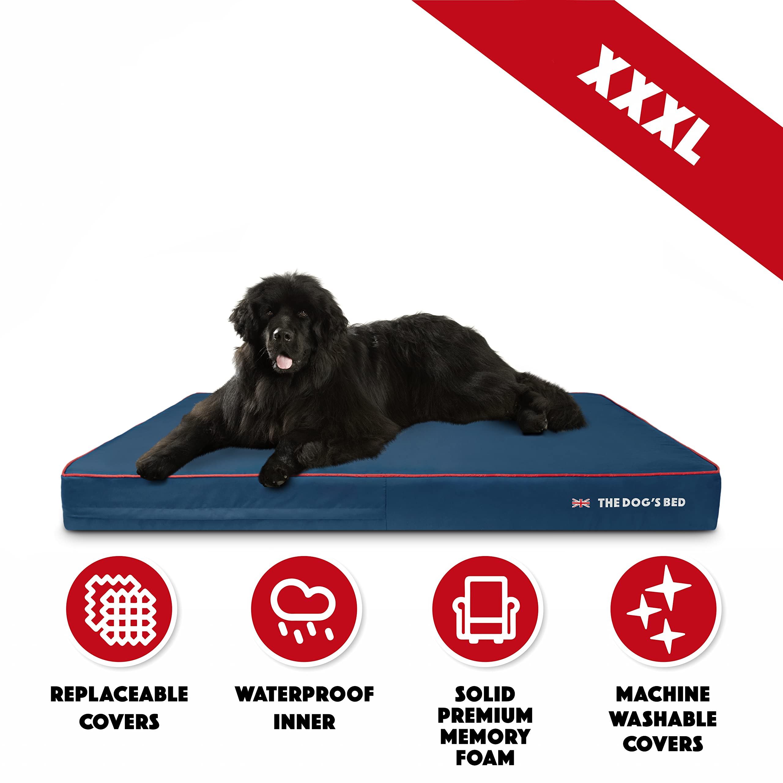 The Dogs Bed Orthopedic Memory Foam Dog Bed, XXXL Blue Oxford with Red Trim UK Flag 64x44, Pain Relief for Arthritis, Hip & Elbo
