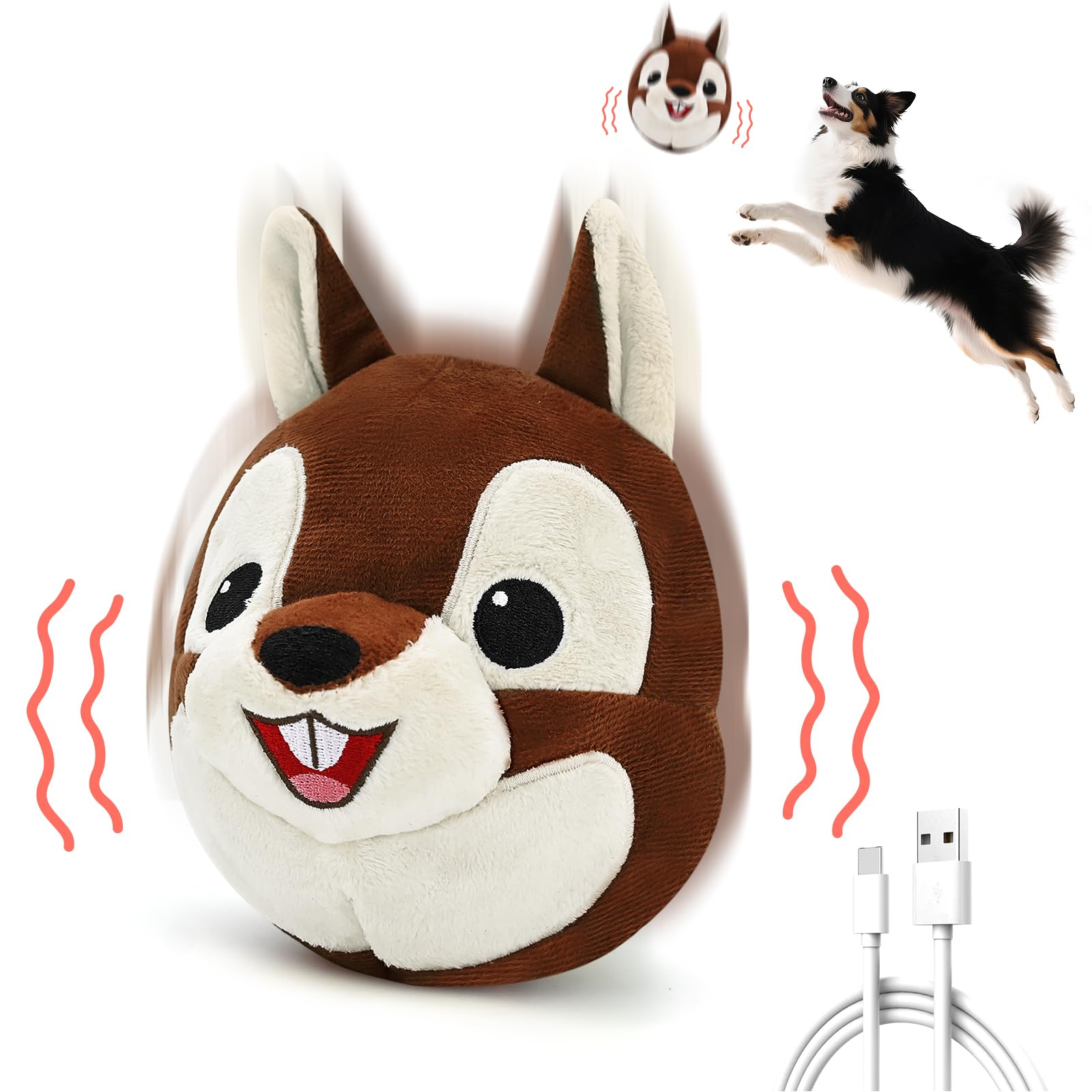 Interactive Dog Toys - Auto Bounce, Move & Vibrate with Sound, Talking Squirrel Puppy Toy for Small Medium Large Dogs, Rechargea