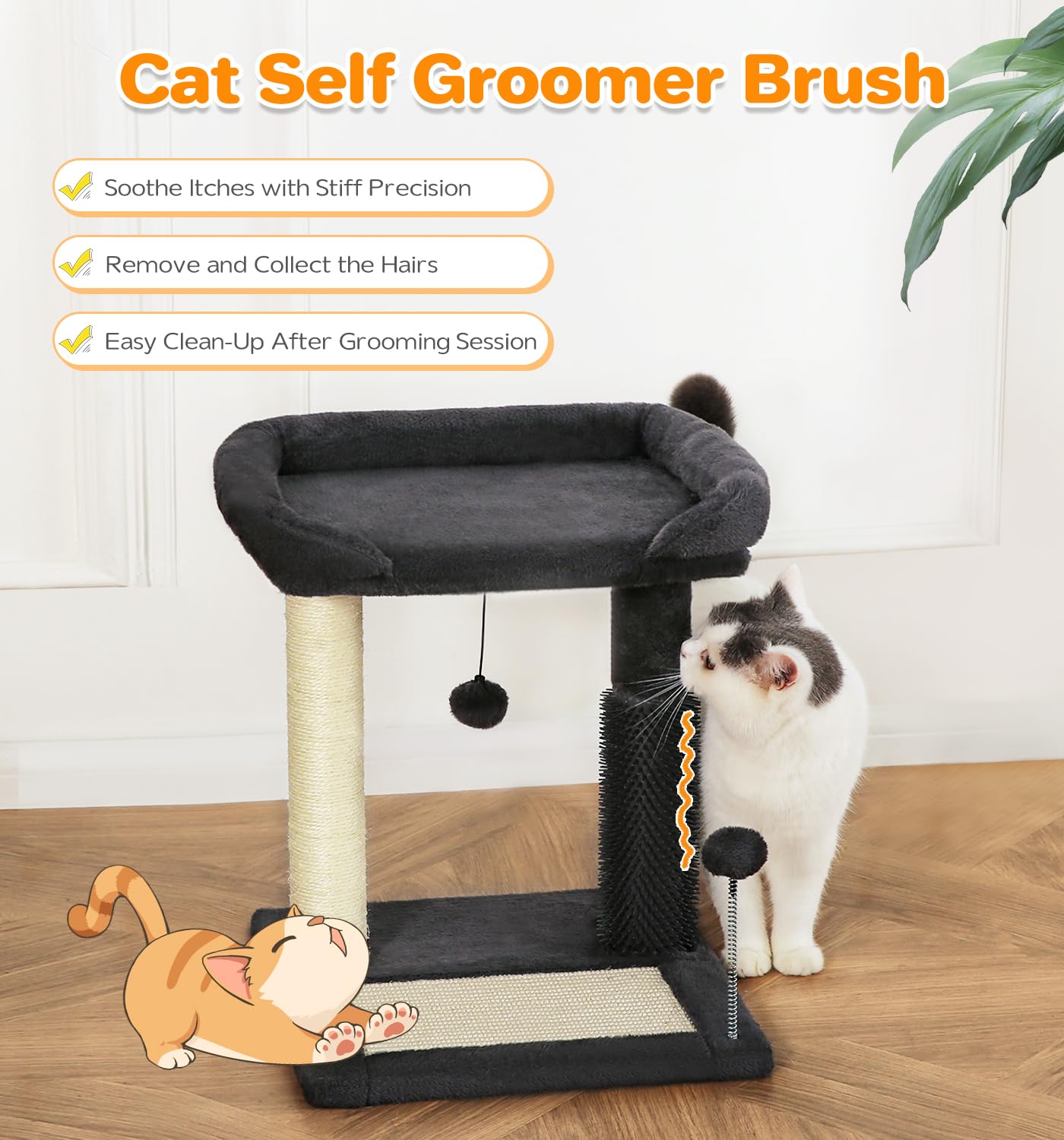 Made4Pets Small Cat Tree Tower, Cat Scratching Post 4-In-1 With Cat Self Groomer Brush, 20'' Tall Natural Sisal Cat Scratcher, S