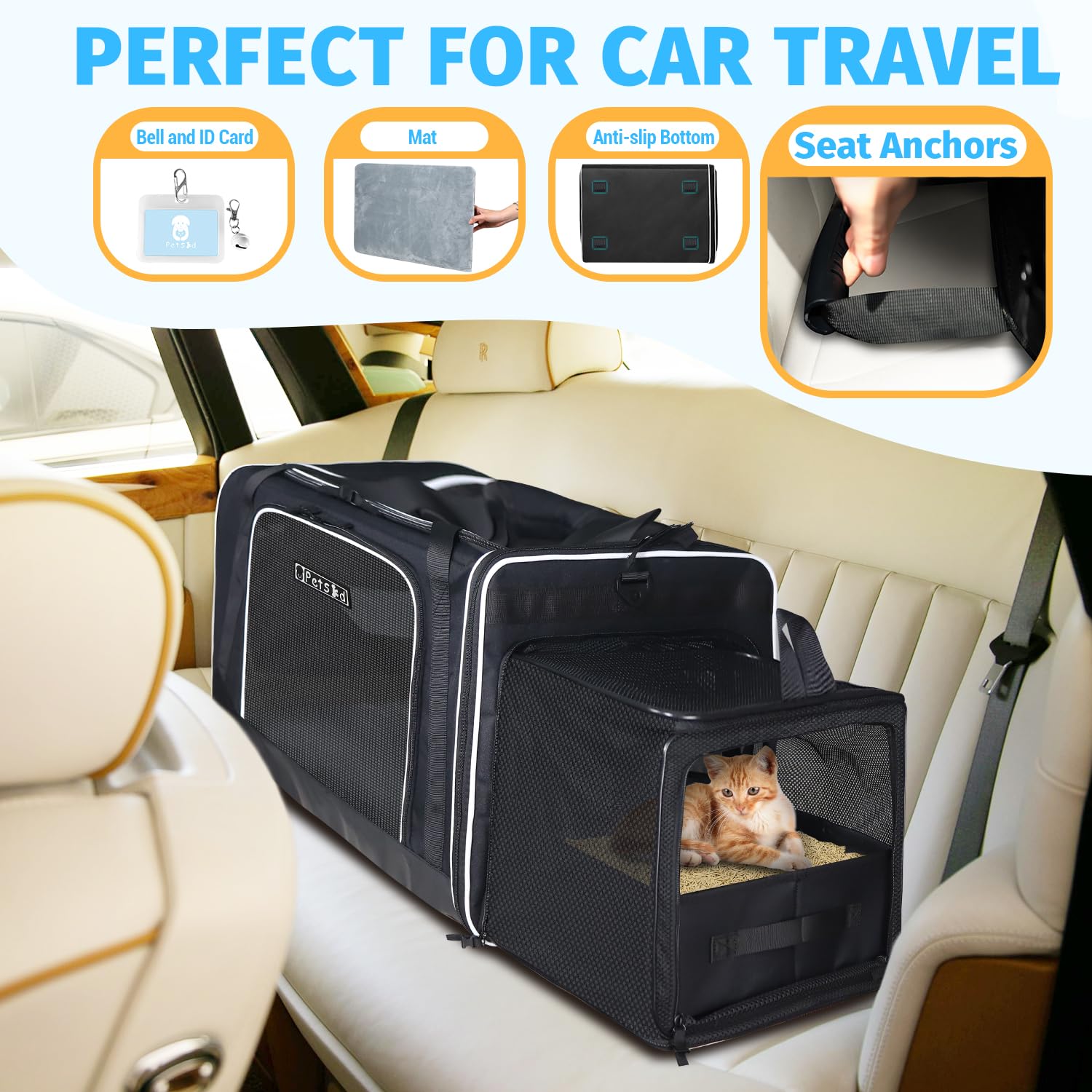 Petskd Side Expandable Extra Large Cat Carrier With Litter Box Area, 24''X17''X17'' Soft-Sided Pet Carrier For 2 Cats Under 55 L