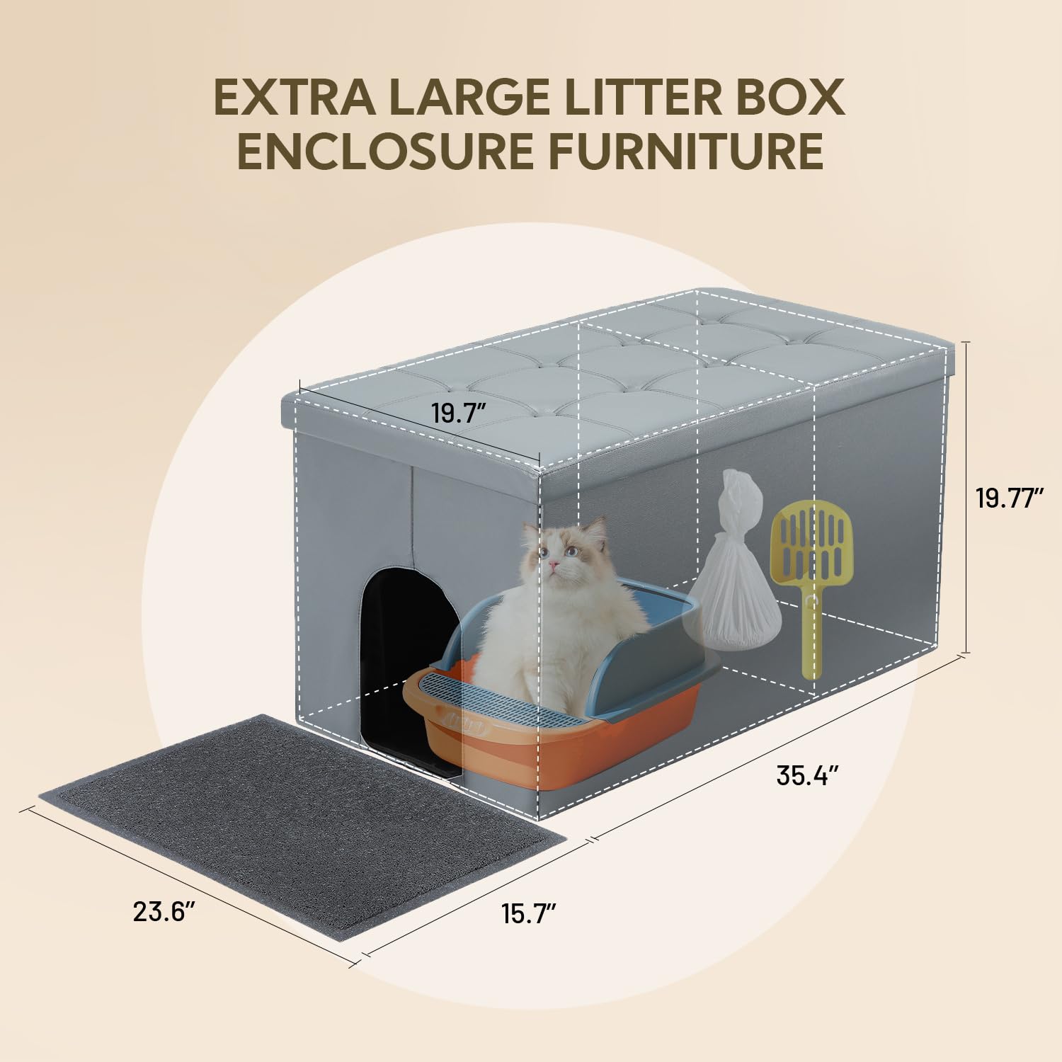 Meexpaws Cat Litter Box Enclosure Furniture Hidden, Cat Washroom Bench Storage Cabinet | Extra Large 36'' X 20'' X 20''| Dog Proof | Waterproof Inside/Easy Clean | Easy Assembly | Odor Control(Grey)