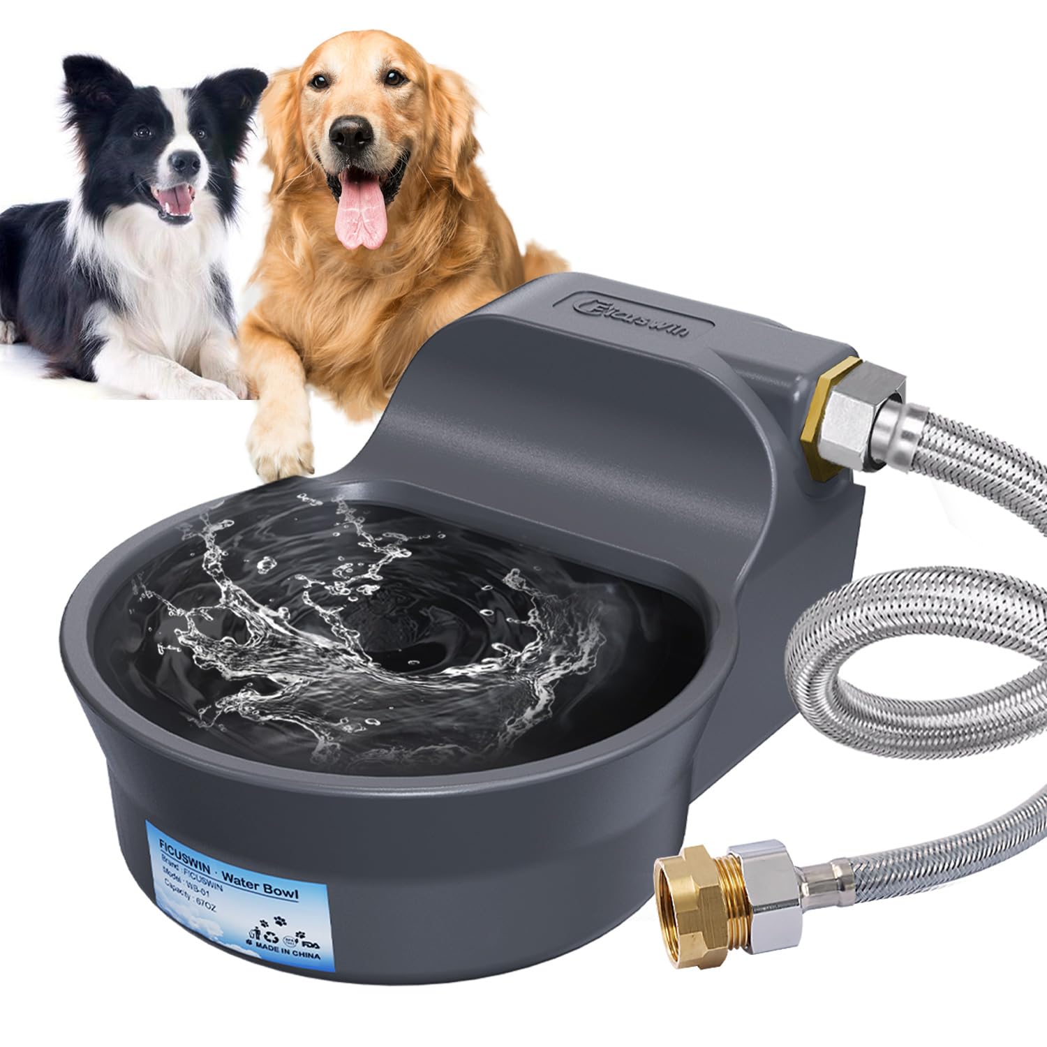 Patented Automatic Dog Water Dispenser - 70Oz, 2L Bowl, Fits 3/4In Ght Male Connector, Outdoor, Auto Fill, 5Ft Hose